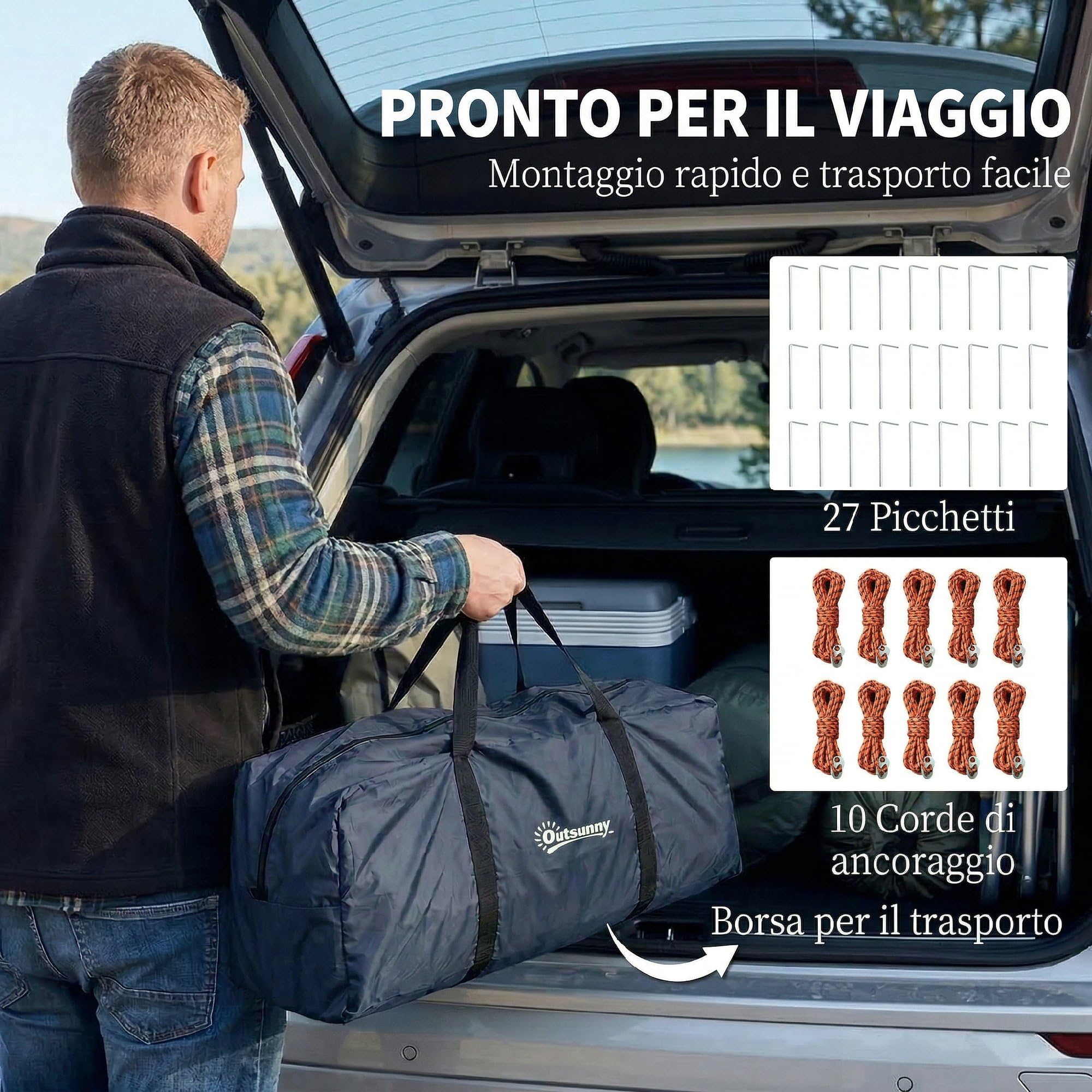 Outsunny Tenda Campeggio a Tunnel per 2-4 Persone Alta 210cm con 2 Stanze, Tenda da Campeggio Familiare Impermeabile 3000mm con 3 Porte, 6 Finestre, Gancio, Borsa Trasporto, per Trekking, Blu Navy