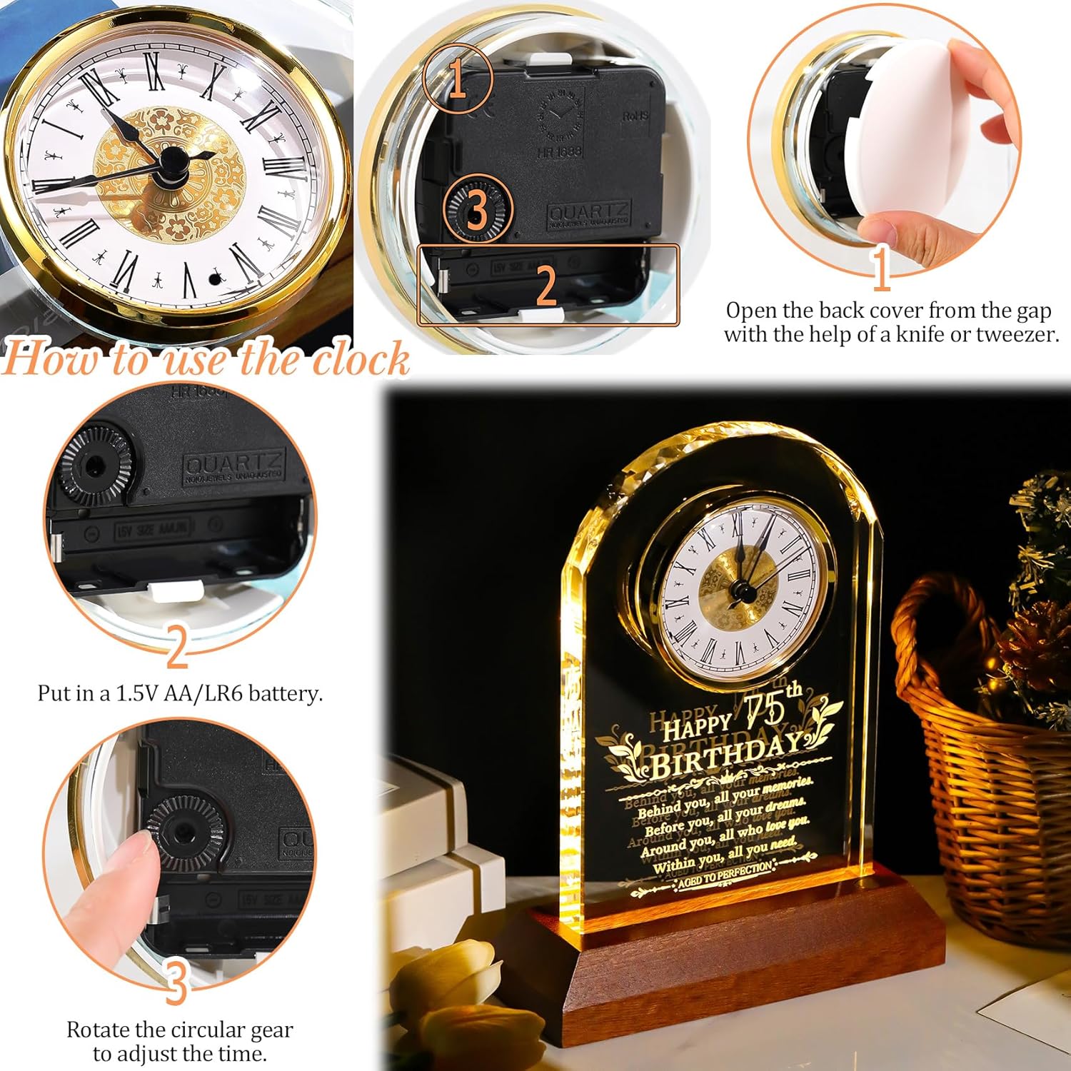 Ornalrist 75th Birthday Gifts for Men Glass 75th Birthday Quartz Clock Plaque with Wooden Light Base 75 Years Old Birthday Gifts for Dad Mom Women Grandpa Home Decor - Image 7