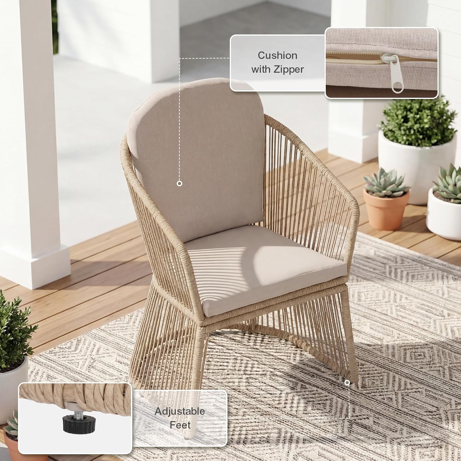 SUNSITT 7 Piece Outdoor Patio Dining Set, Patio Dining Furniture Set with 76” Aluminum Dining Table w/Umbrella Hole and 6 Woven Wicker Outdoor Patio Chairs w/Curved Armrest for Garden, Beige