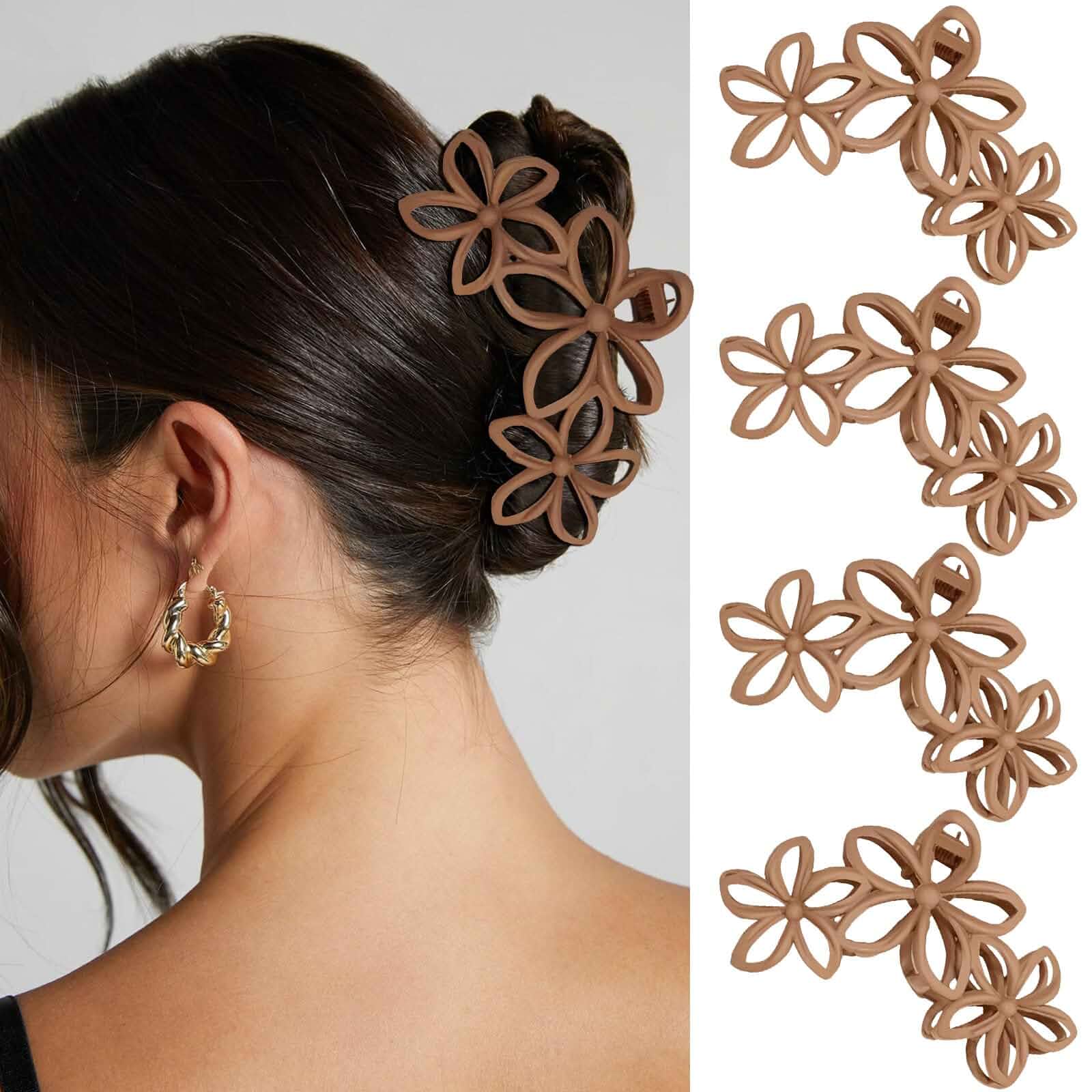 YONOY 4Pcs Large Matte Claw Hair Clips for Women -Hawaiian Plumeria Flower Hair Clips,Large Non-Slip Flower Hair Clips for Women, Strong Hold Beach Hair Accessories (Light Brown) Solid