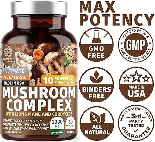 Miniatura 5 de Complejo de hongos N1N Premium 10 hongos potentes con Reishi, melena de león, cordyceps, chaga, cola de pavo y maitake para apoyar la salud, las