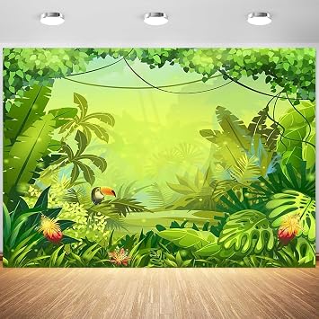 5x3ft Animation Jungle Backdrop Jungle Safari Green Photography Background Kids Jungle Themed Birthday Baby Shower Party Decoration Supplies Photo Booth Props