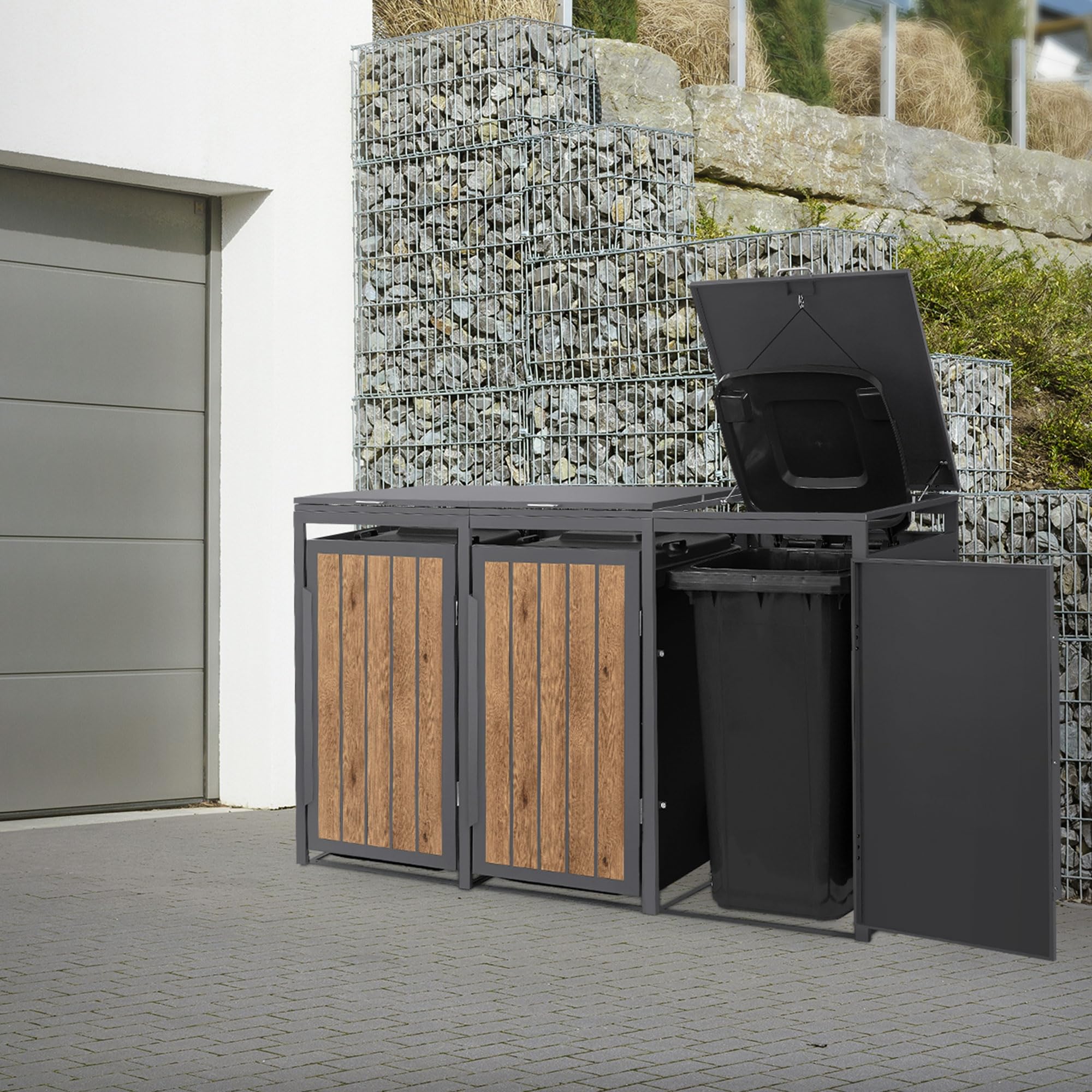 ML-Design Mülltonnenbox 3er 240L, Mülltonnenverkleidung für 3 Mülltonnen, Müllbox wetterfest, Mülltonnenhaus aus Stahl, Müllcontainer mit Klappdeckel & Tür, Gerätebox 196x80x120 cm Anthrazit-Holzoptik
