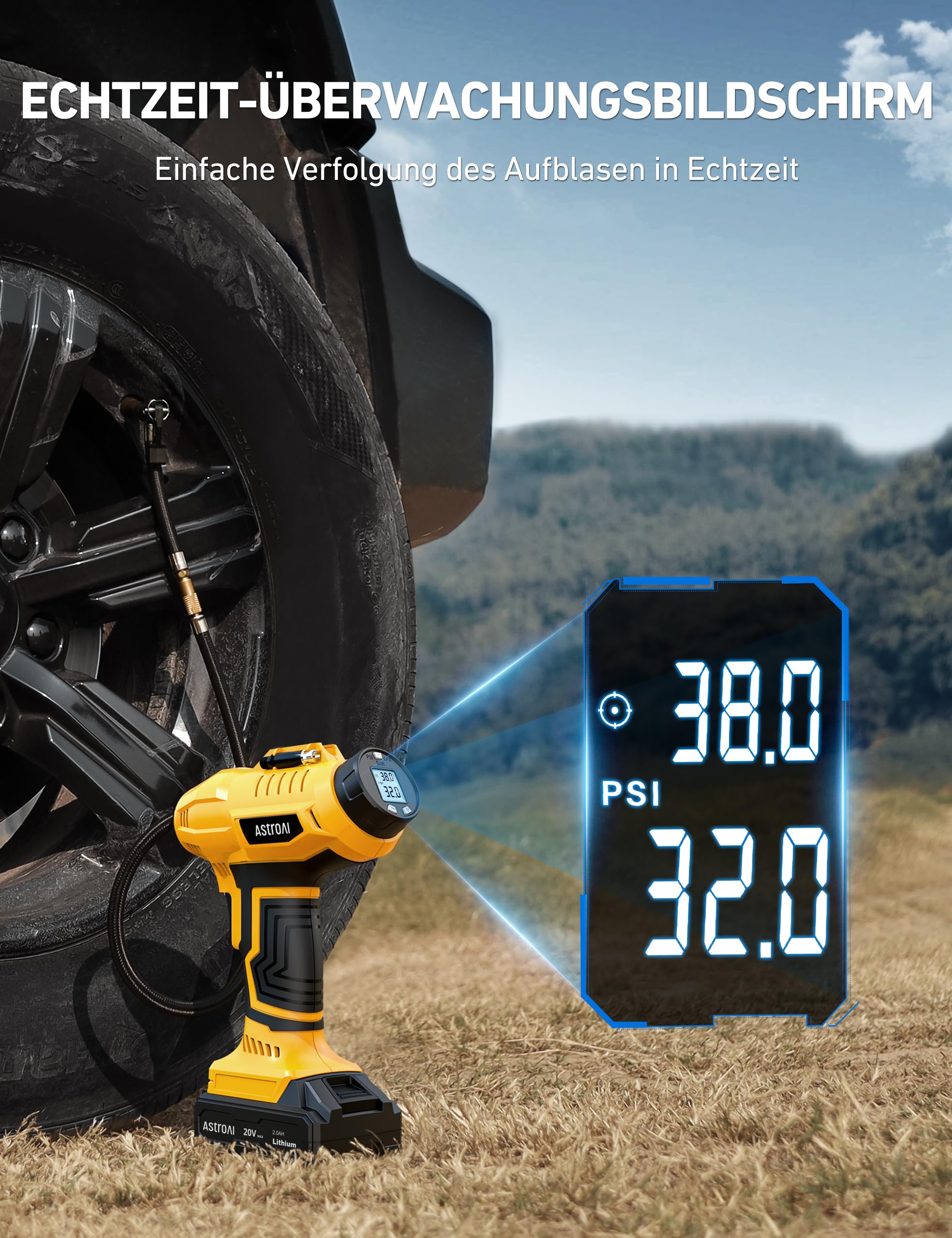 AstroAI Akku Kompressor, 160PSI Luftkompressor Auto mit 20V Akku & 12V DC | Akku Luftpumpe Auto mit Metallzylinder, Auto-Stopp, LCD-Display für Große PKW, SUV, MPV, Motorräder und Fahrräder