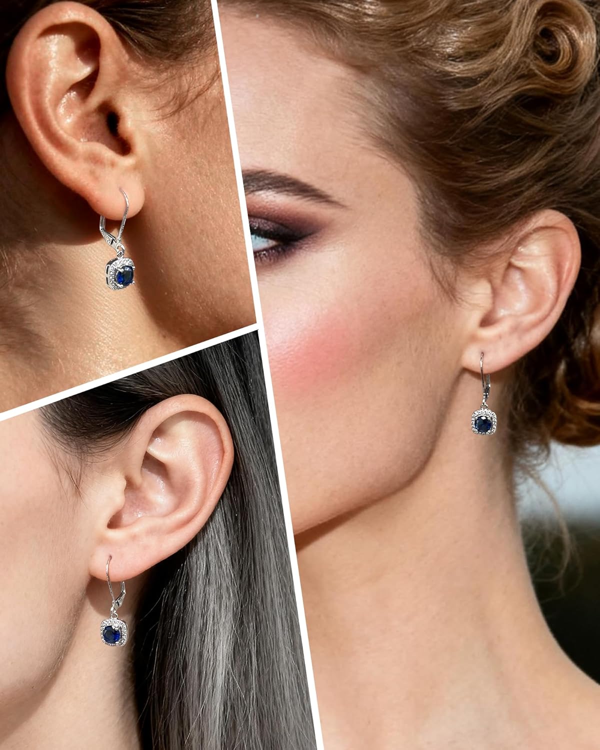 Small Blue Sapphire Leverback Earrings - Hypoallergenic Silver Drop Dangle Earrings for Women, 5MM Sapphire Halo Designed - Image 5