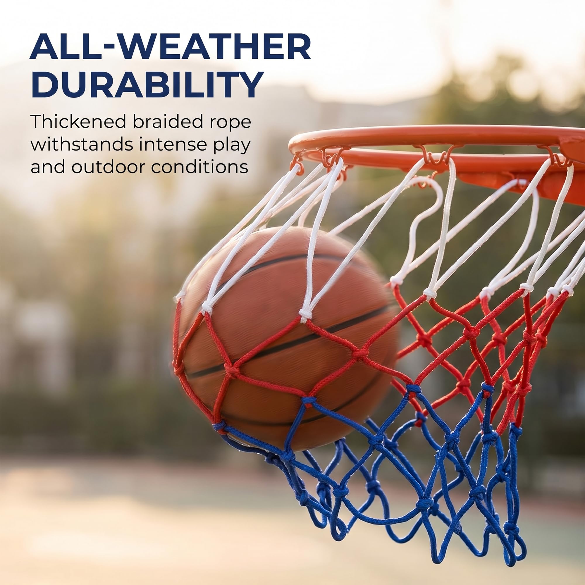 Confezione da 2 reti da basket, 5,5 mm di spessore, in nylon bianco-rosso-blu con 12 passanti, reti di ricambio rinforzate resistenti alle intemperie per canestri standard da basket interni ed