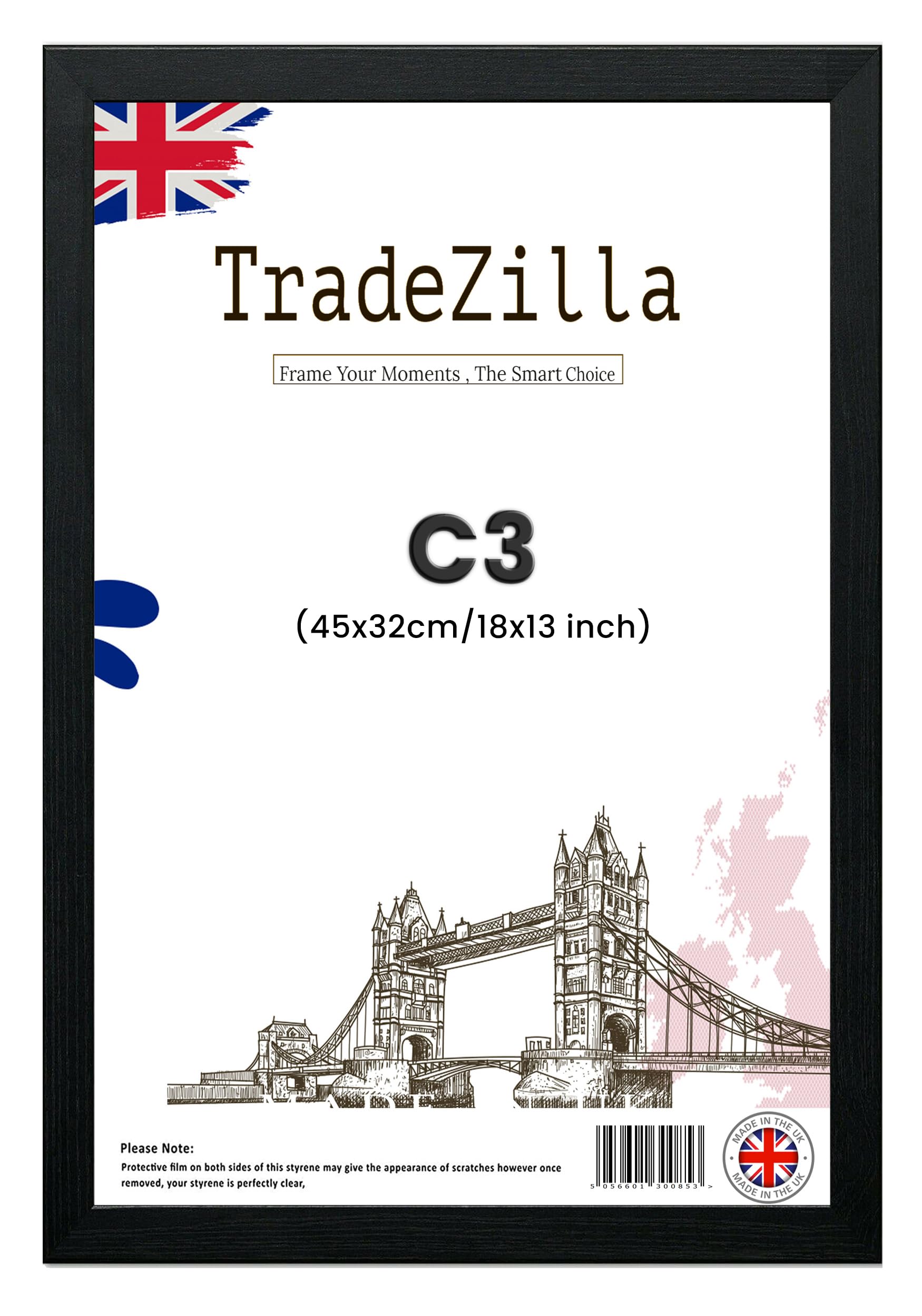 Tradezilla Black Classic Rectangle C3, 45 X 32Cm Frame– Solid Wood Finish- Clear Hd Perspex - Poster/Photo/Picture Frame – Portrait/Landscape Display 450 X 320Mm[ Frame]