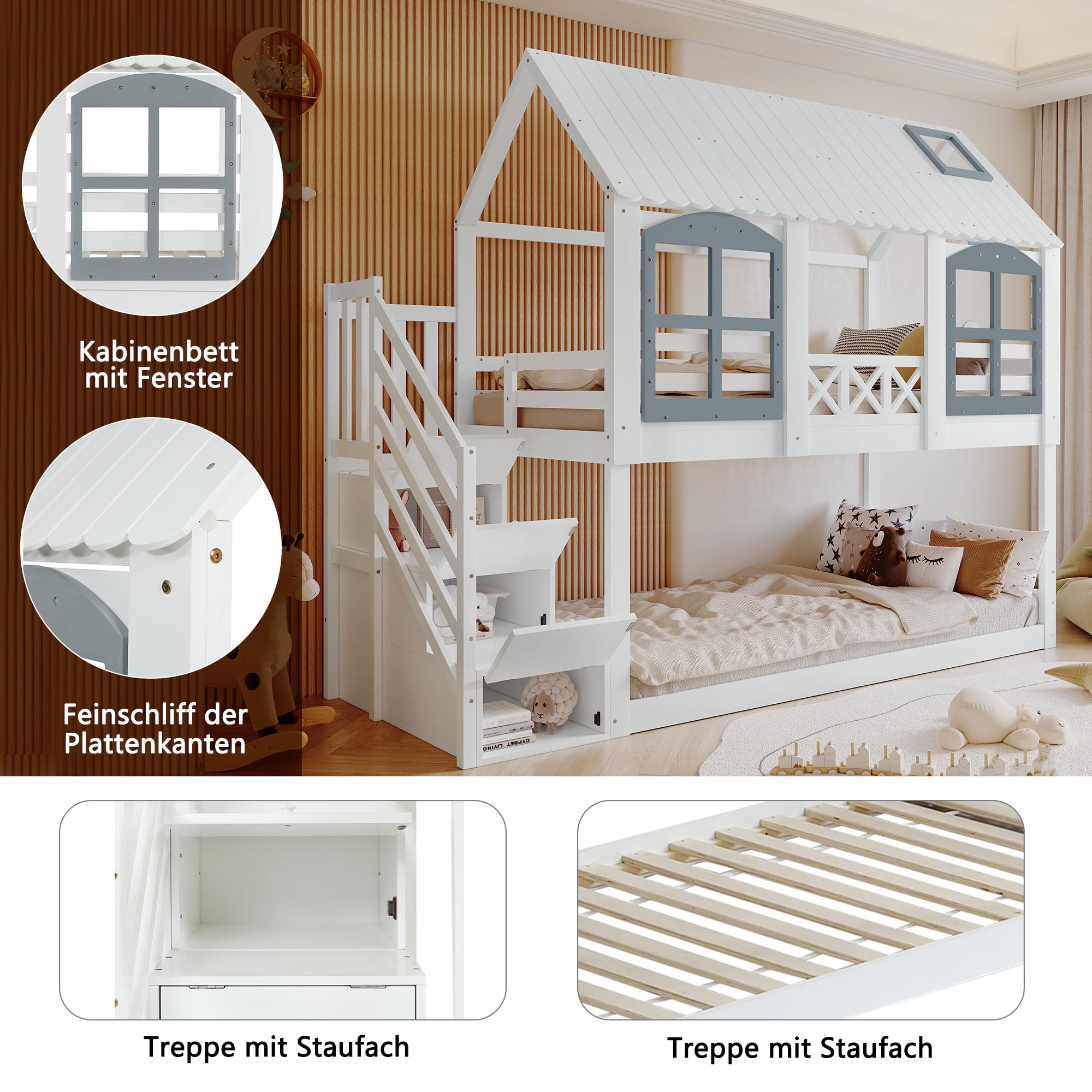 Merax Etagenbett 90x200cm Kinderbett Hochbett mit Rausfallschutz & Lattenrost Hausbett mit Dach Fenster Stauraumtreppe Weiß