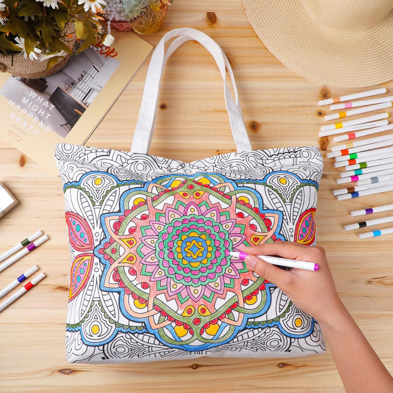 Mindsoft Color Your Own Tote Bag for Adults Craft Kits with 24 Acrylic Markers Colour Makeup Bag DIY Painting Art Kit for Women, 17.7 x 13.3 x 3.9 Inches(Mandala)