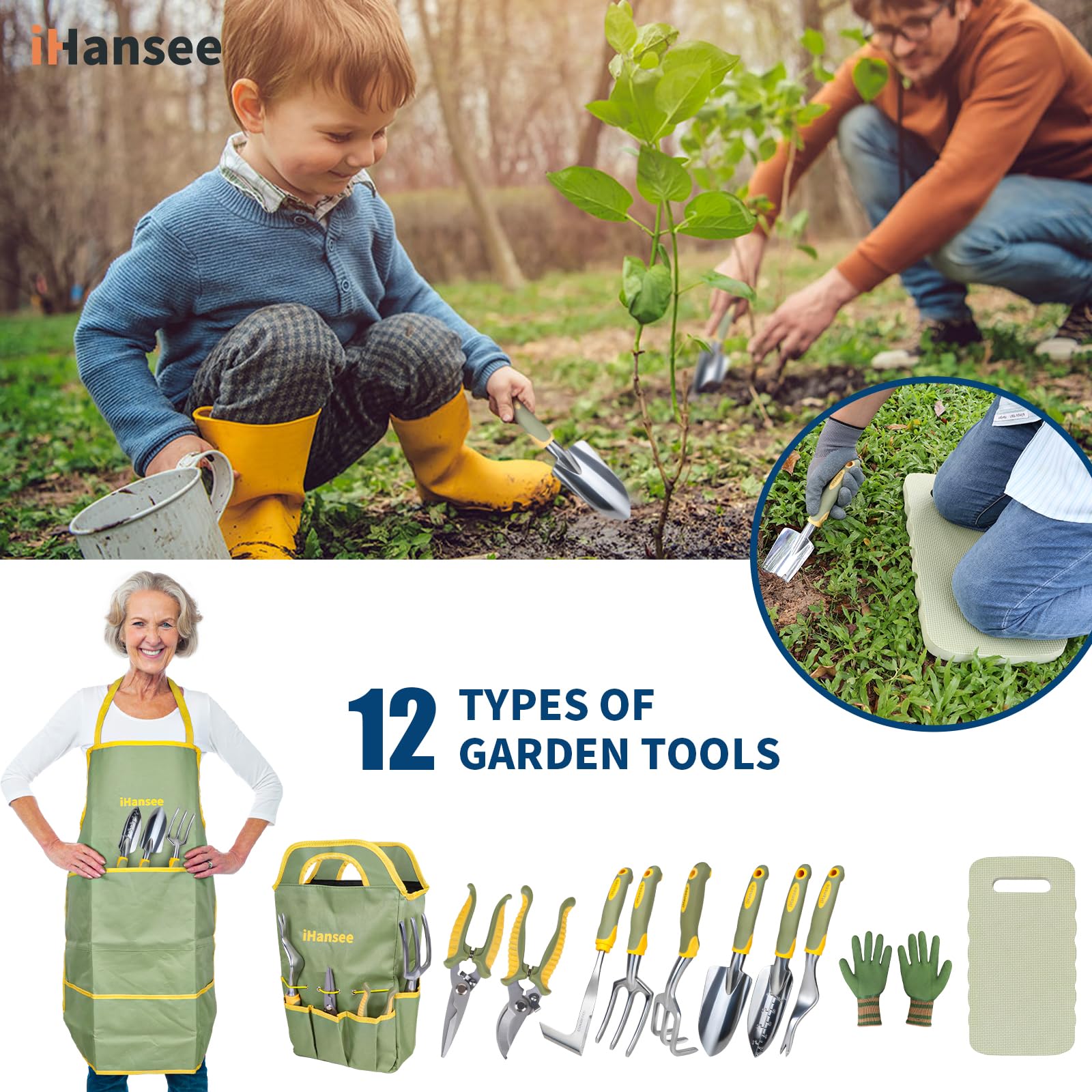 Set di 12 attrezzi da giardino, in alluminio resistente, con manico in gomma antiscivolo, grembiule da giardino, guanti, ginocchiera e borsa portaoggetti, attrezzi da giardino per