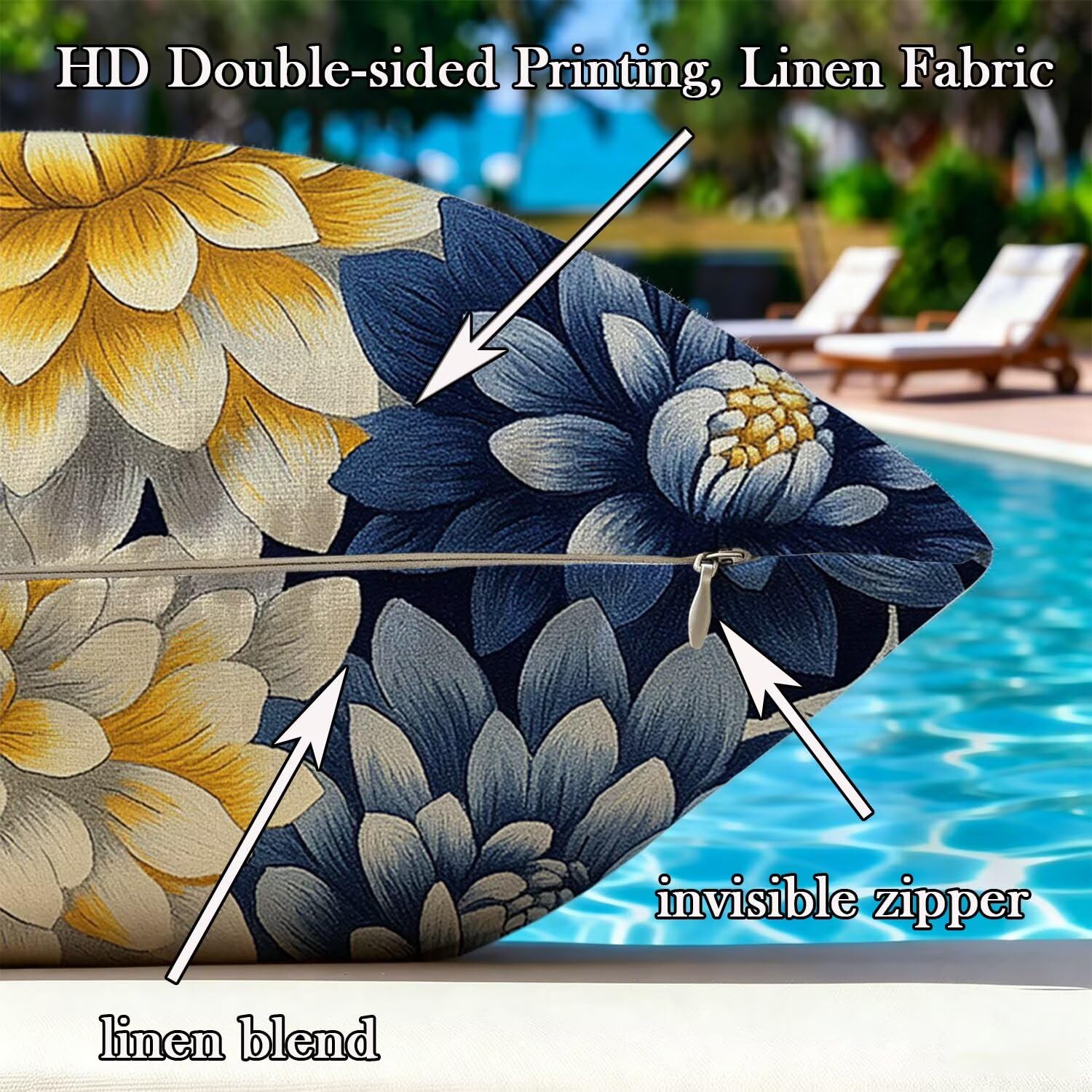 Kissenbezug 65x65cm Outdoor Kissen 2er Set Blume Blau Leinen Dekokissen