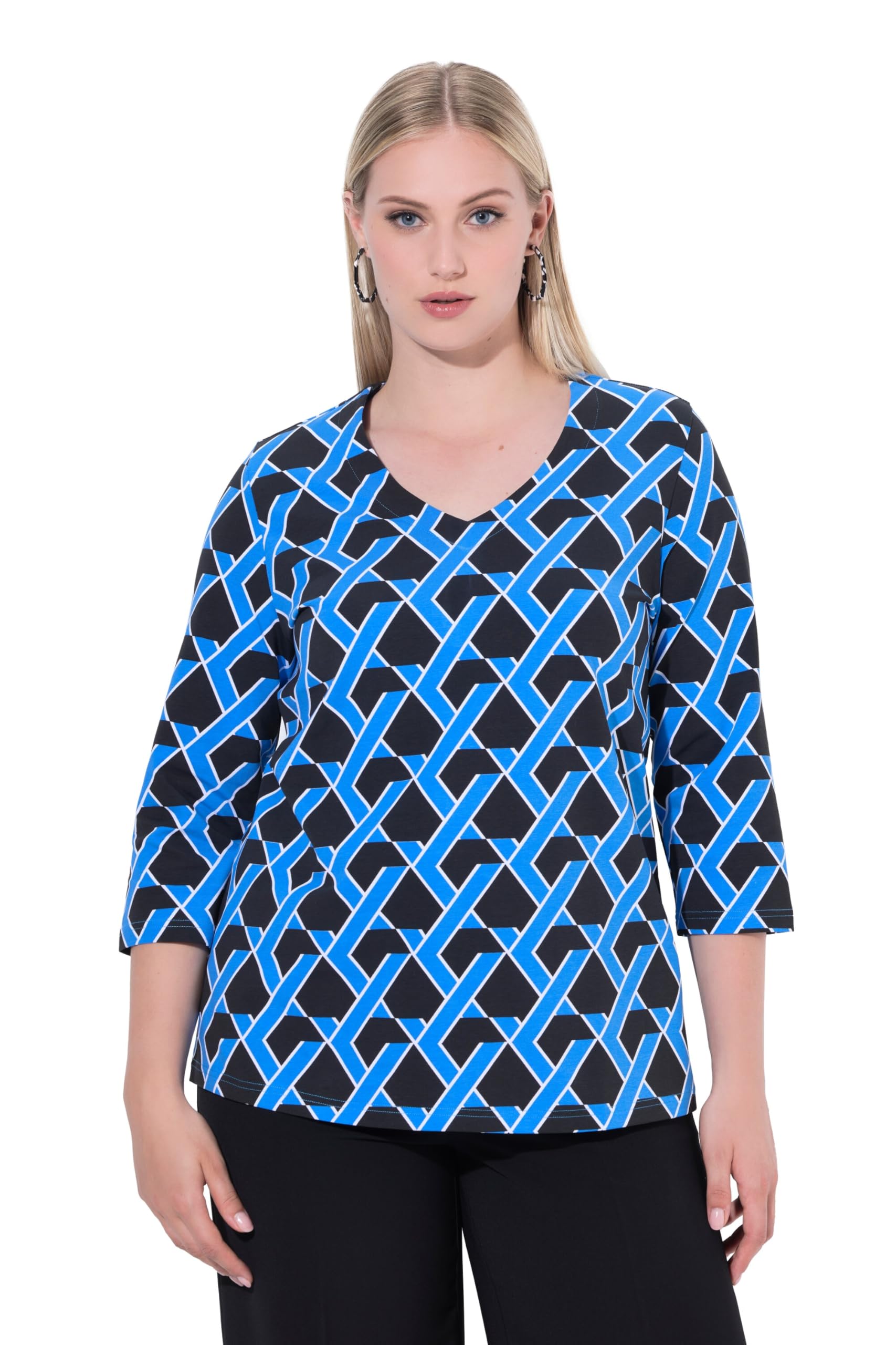 Ulla Popken Damen große Größen Übergrößen Plus Size Shirt, grafischer Druck, Classic, V-Ausschnitt, 3/4-Arm 843729