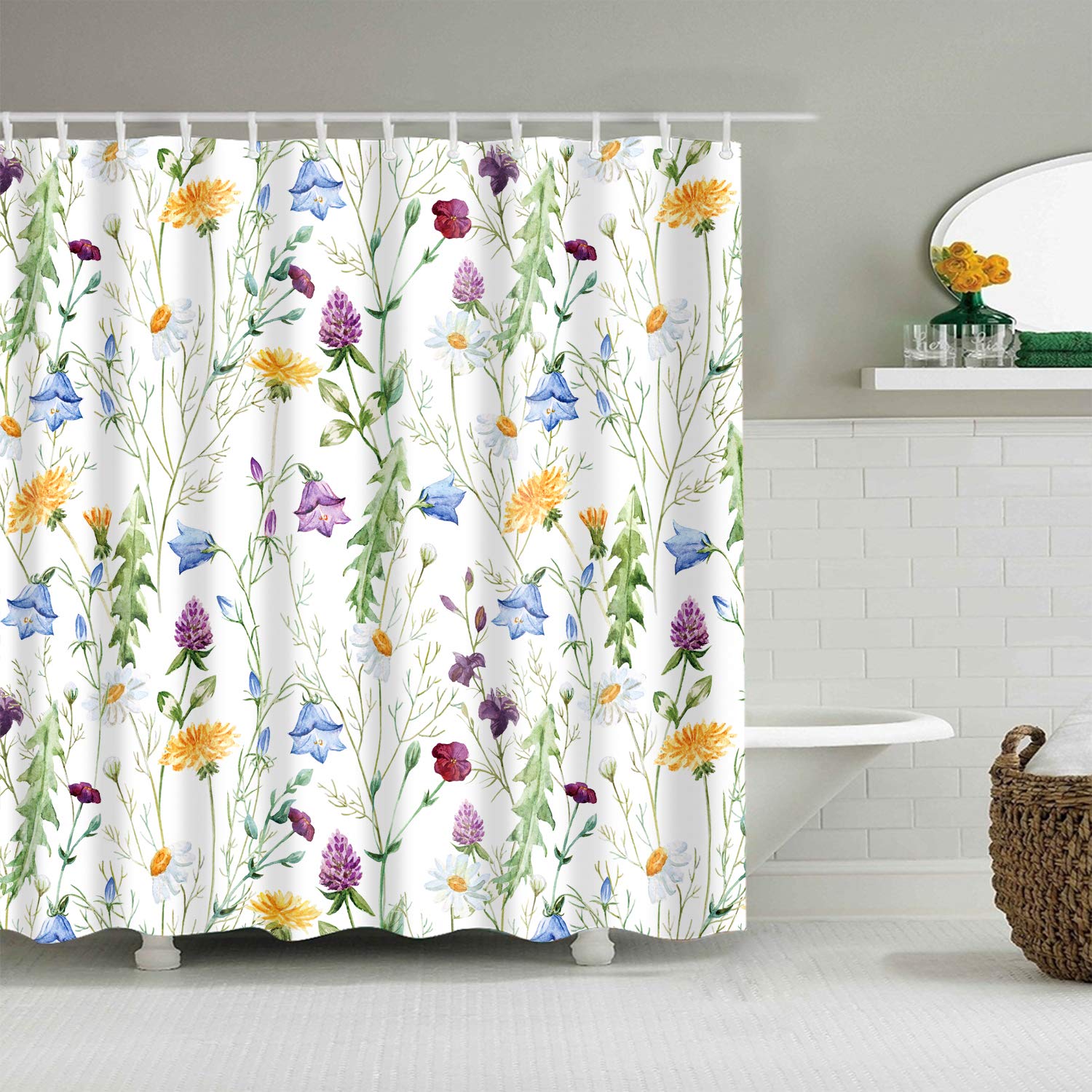 Duschvorhang Frühlingsblumen – Wasserdicht, 183x183 Cm, Mit 12 Haken, Salbeigrün Mit Gelb-weißen Wildblumen