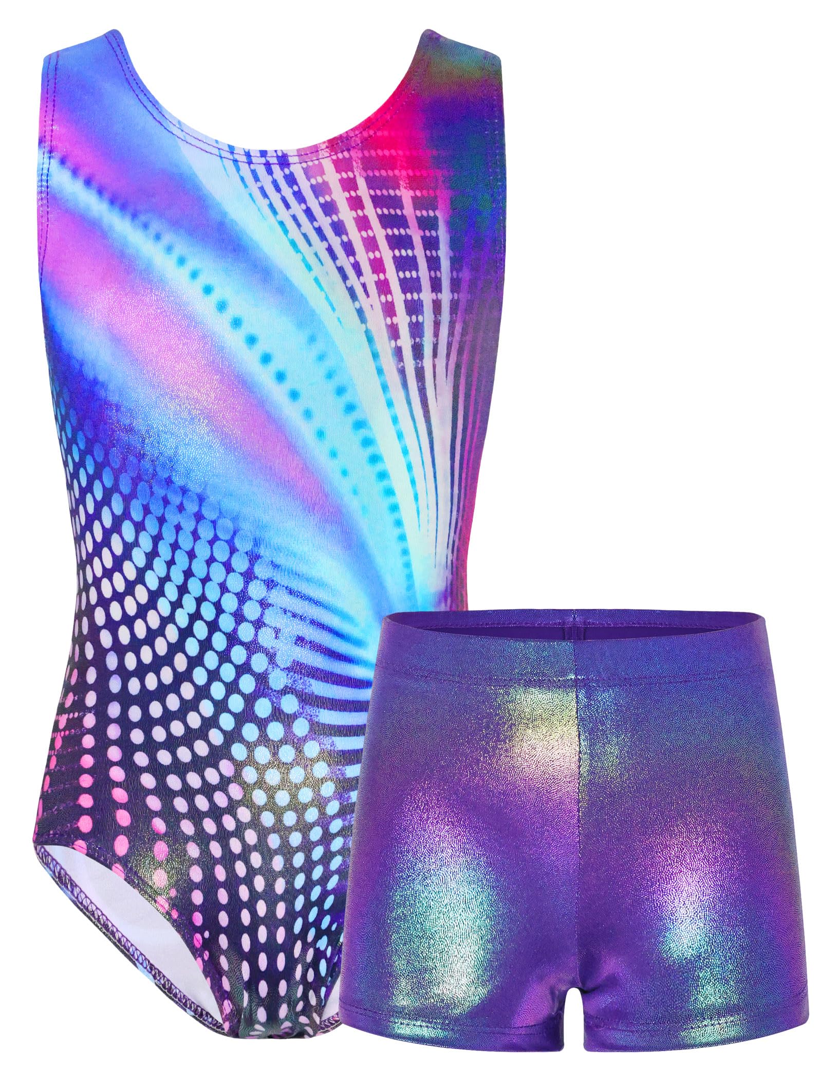 TENVDA Gymnastics Leotards for Girls 5-12 Years Old Sparkly Dance Tumbling Outfit Matching Shorts Set