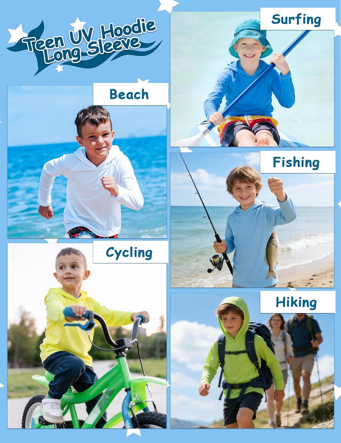 Boys Hooded Long Sleeve Rash Guard Swim Shirt, Youth Kids UPF 50+ Fishing Shirt, Sun Protection Hiking Beach Hoodie - Image 7