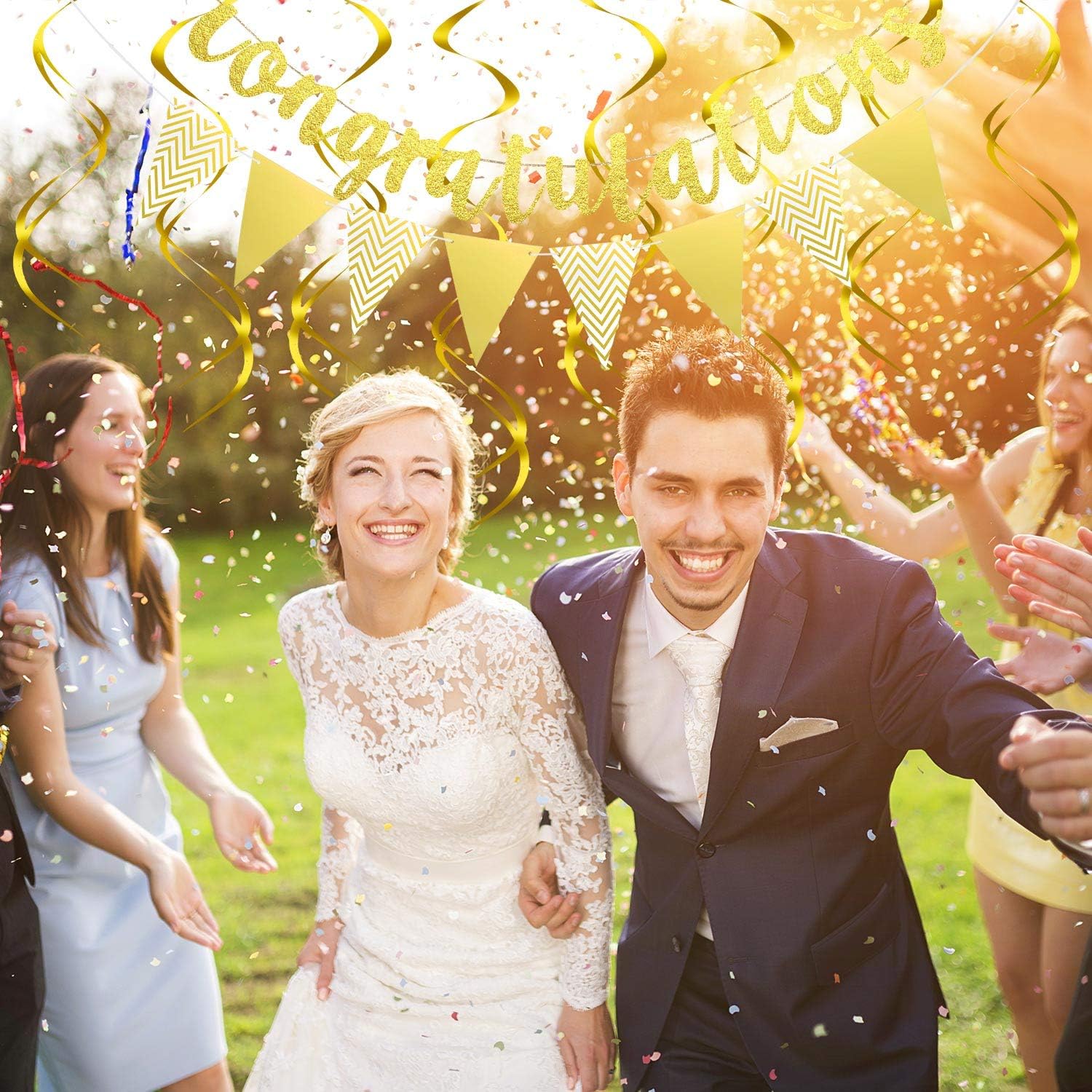 Gold Glitter Congratulations Banner Triangle Flag Banner with 12 Pieces Gold Hanging Swirls for Wedding Retirement Graduation Anniversary Party Decorations