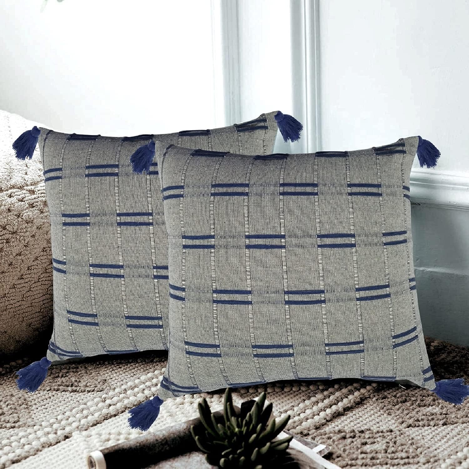16x16 Cushion Cover – Premium Square Pillow Case for Stylish Home Decor Navy Blue Cream Pillowcase 16x16 16 x 16 Set of 3