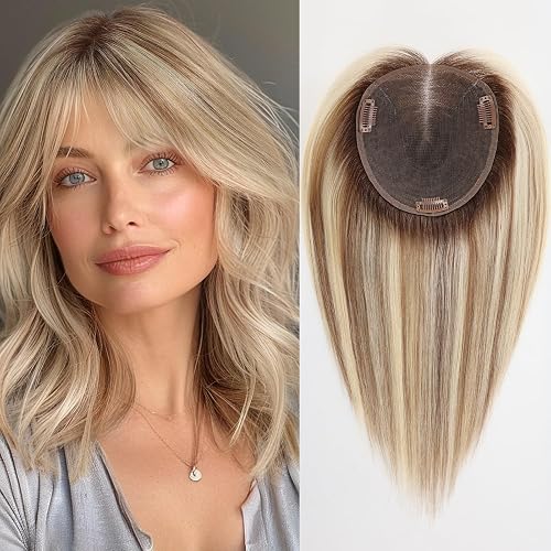 starluck 6x5 inch Large Swiss Base SilkHug 14 Inch Real Human Hair Toppers,60 Gram, 100% Real Human Hair Toppers for Women with thinning (Blonde Mixed Brown with Dark Brown Roots,T4/613/6#,with Bangs)