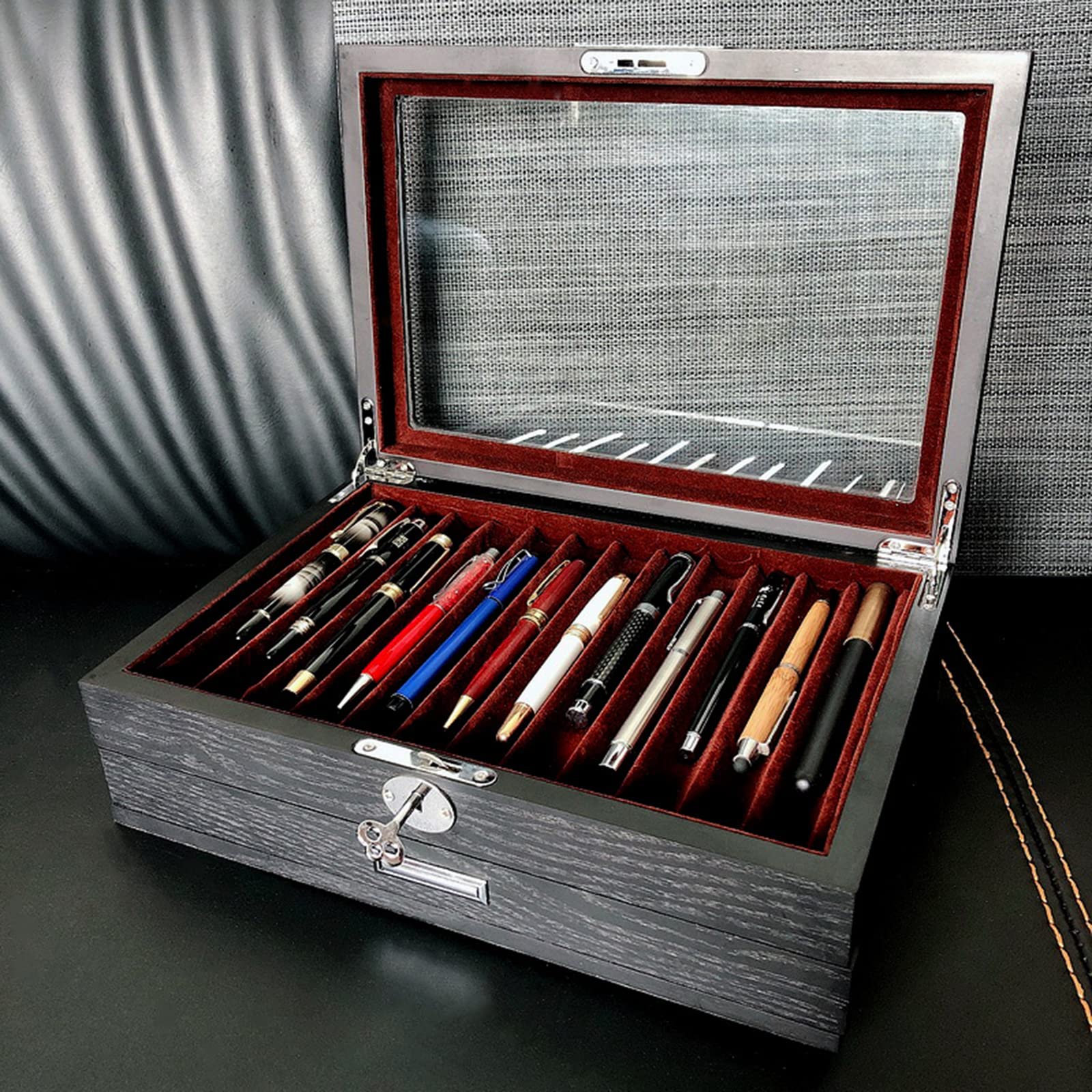 Generico Portapenne in Legno con Cassetto, Finestra in Vetro E Ampia capacità: Un Regalo Perfetto per Gli Uomini (30.5 * 21 * 7.5cm)