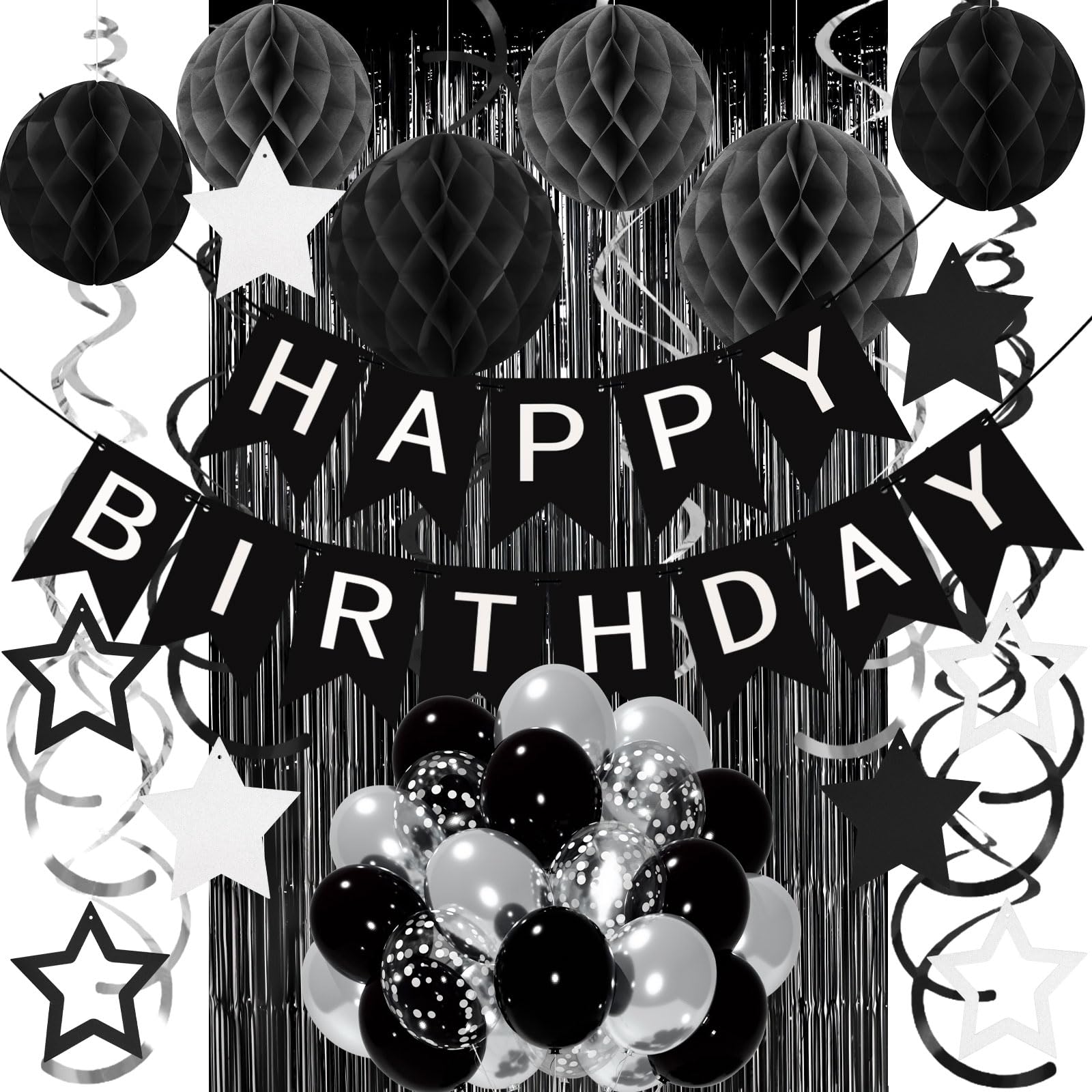 Black Silver Birthday Decorations for Men Women, Recosis Balloons in Black Silver Tones with Happy Birthday Banner, Honeycomb Balls, Star Hanging Swirls, Foil Curtain Décor
