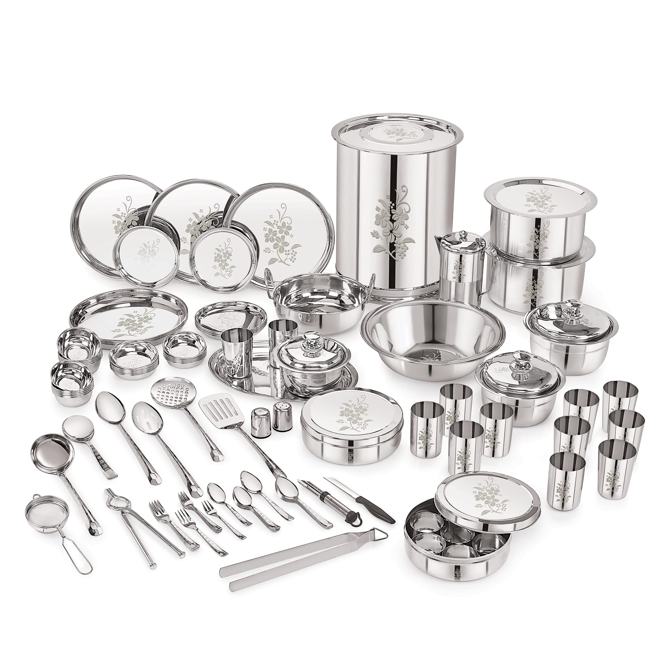 neelamStainless Steel DLX Lazer Etching 101 pc Wedding Dinner Set Floral Design