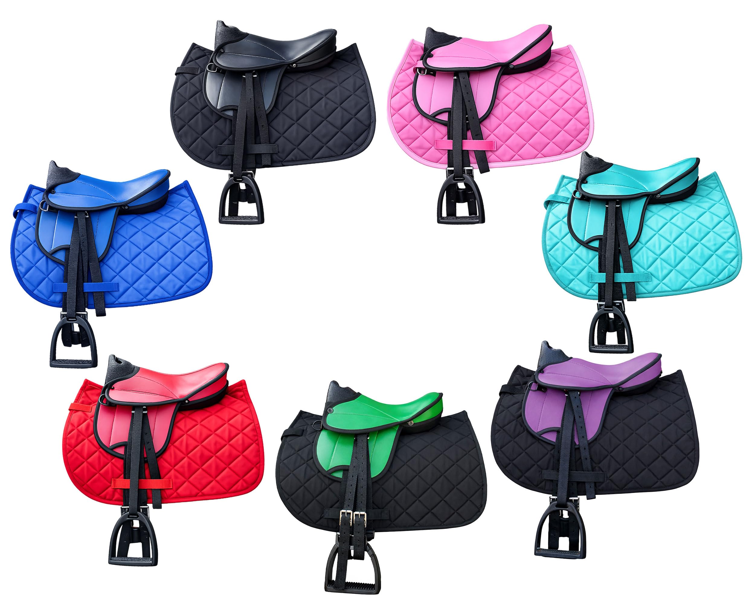 Brama West Set di sella per cavalli in legno per bambini "My Happy Pony" | Sella per Shetty Pony cavallo in legno | con copertura per sella, cinghia per sella, staffe e staffe (verde sella)