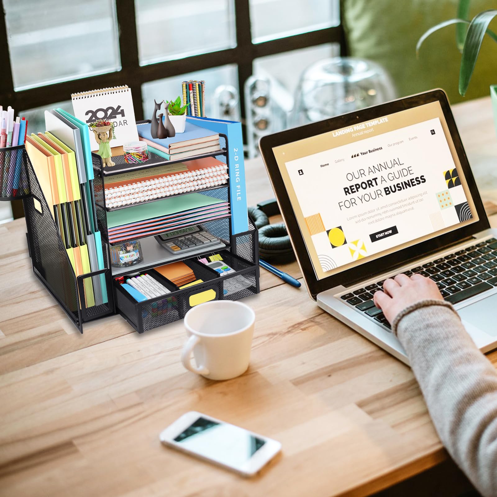 Organiseur de bureau en maille avec porte-fichiers, bac à courrier à 5 niveaux avec porte-magazines, organiseur de bureau et rangement pour fournitures de bureau, maison ou école, noir