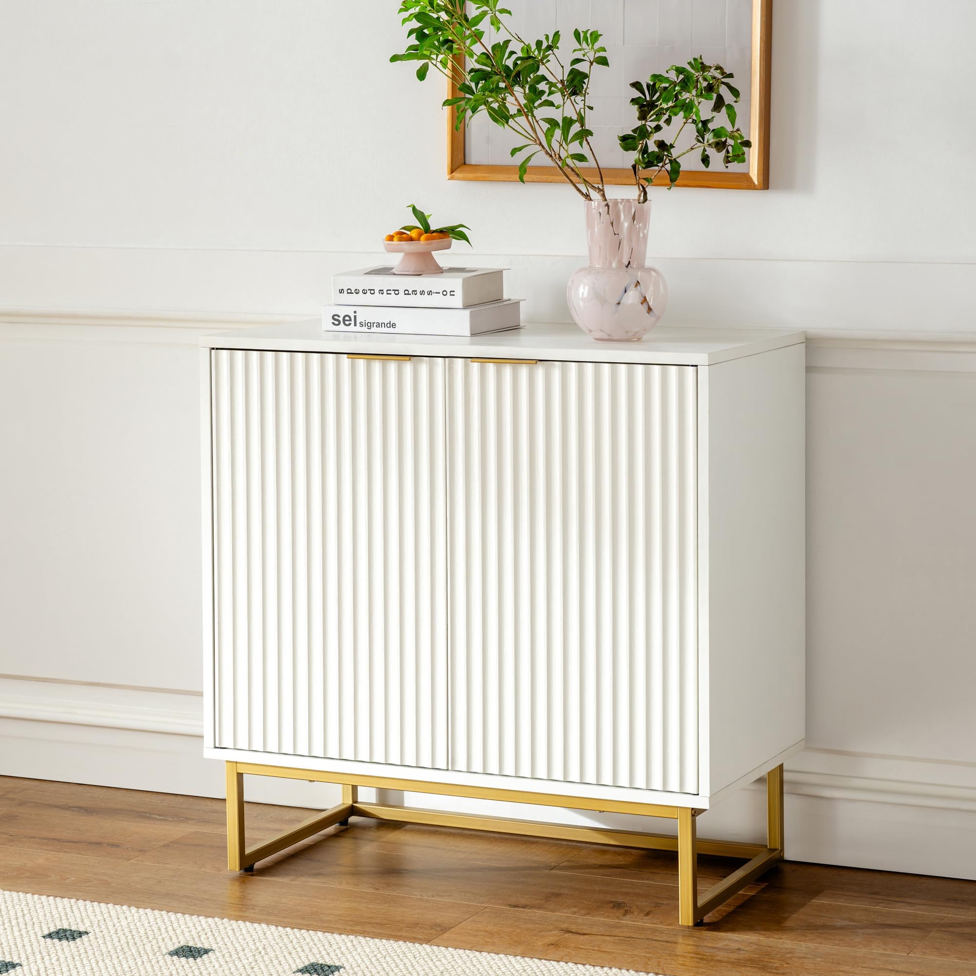 Fluted Storage Cabinet Sideboard Buffet Cabinet, Modern Accent Cabinet with Adjustable Shelves, Wooden Credenza, Console Table Entryway Cabinet for Living Dining Room, White