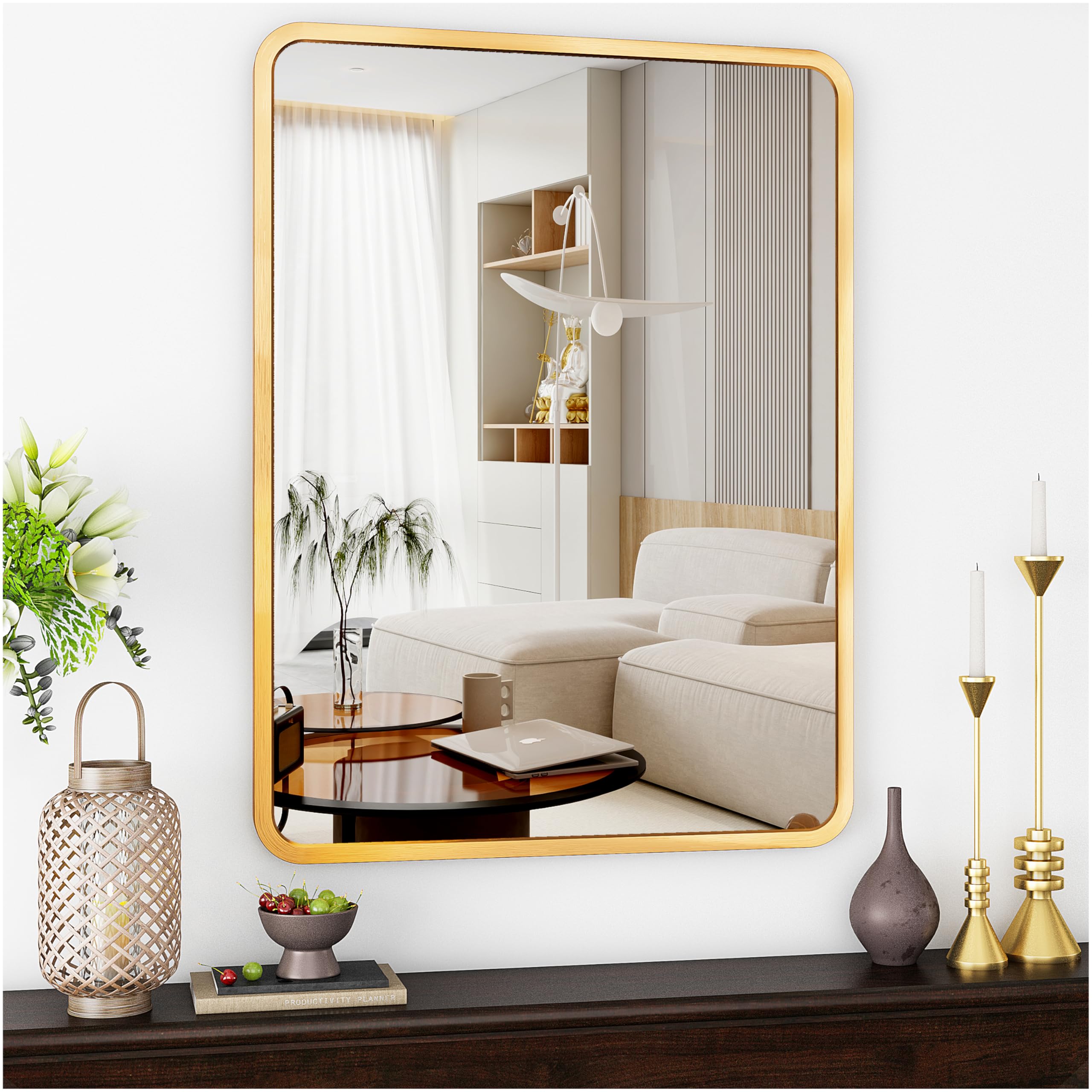 Specchio da parete da 60 x 90 cm, Oro specchio da bagno,con cornice in lega di alluminio, per bagno soggiorno, camera da letto, ingresso, decorazione da parete