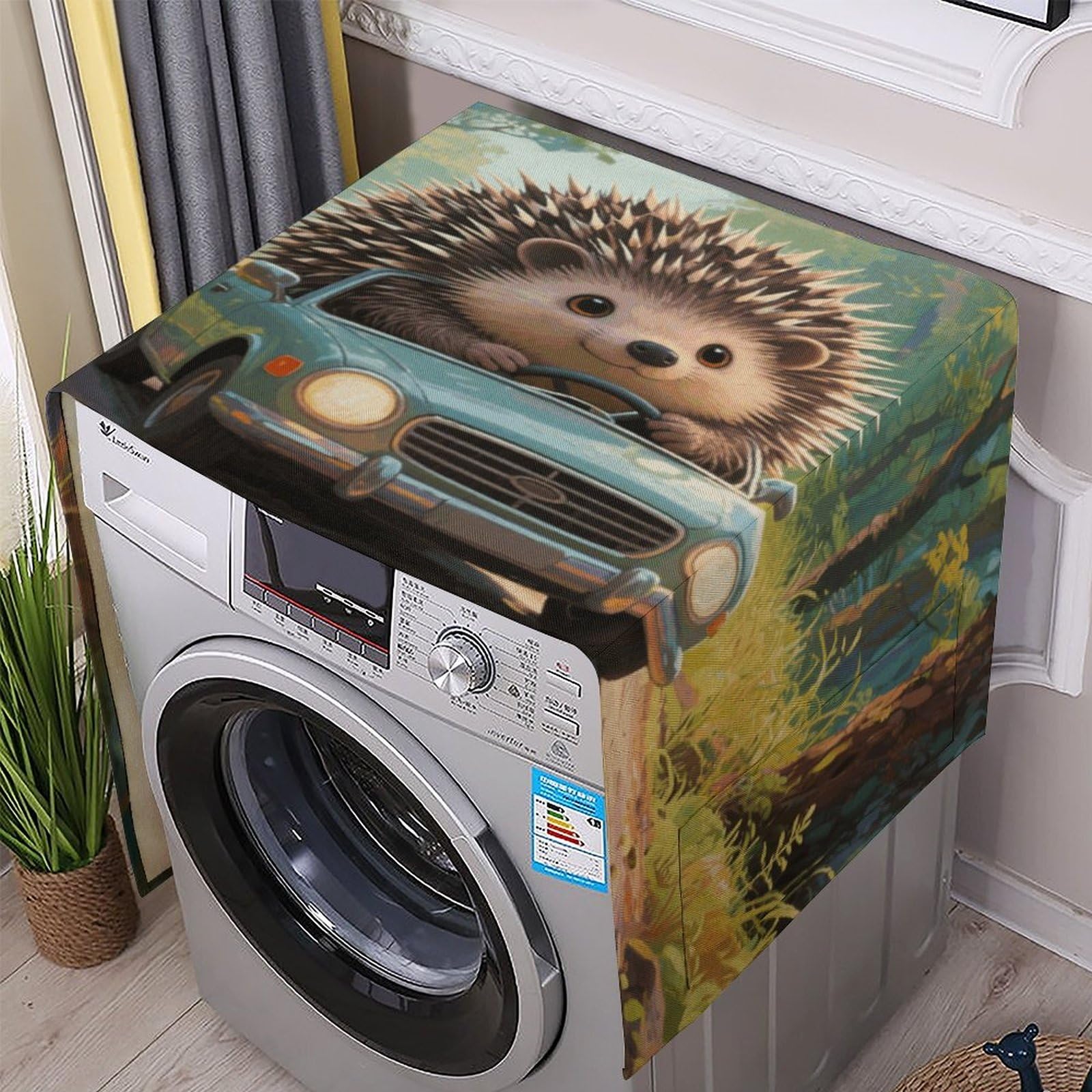 Fodpand White Washing Machine Cover For Top Load Dustproof Hedgehog Drives Washer And Dryer Cover With Storage Pockets Household Appliance Covers Washable Top Protector Mat Pad For Laundry & Kitchen