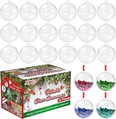 Aneco 30 bolas de plástico transparente rellenables de 1.97 pulgadas (1.969 in) para manualidades, adornos de bolas de árbol de Navidad,
