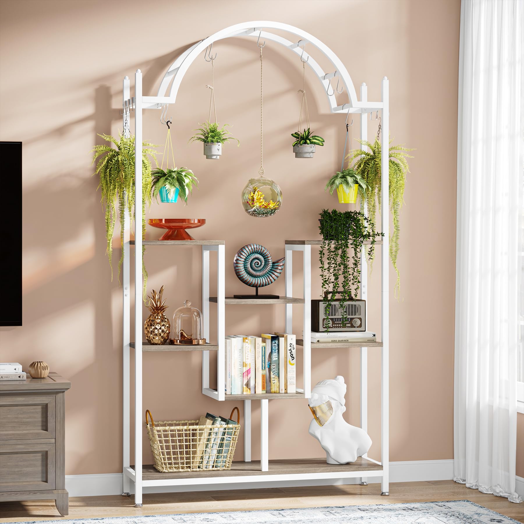 Tribesigns hoher Pflanzenständer für den Innenbereich, 5 Etagen, 190 cm gewölbtes Metall-Blumenregal mit Hängehaken, großes Bonsai-Topf-Display-Regal für Garten, Balkon, Wohnzimmer, Weiß und Grau
