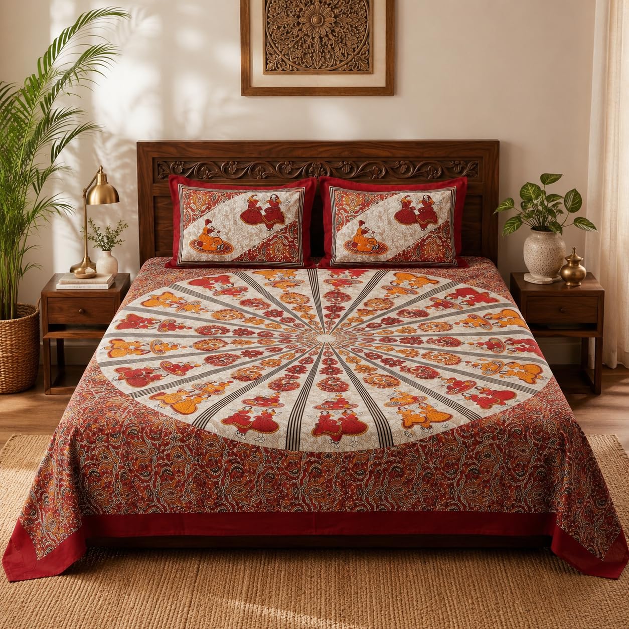 100% Pure Cotton King Size Double Bedsheet with 2 Pillow Covers | Traditional Mandala Print Cotton Double Bedsheet for King Size Bed (93 x 108 Inches)
