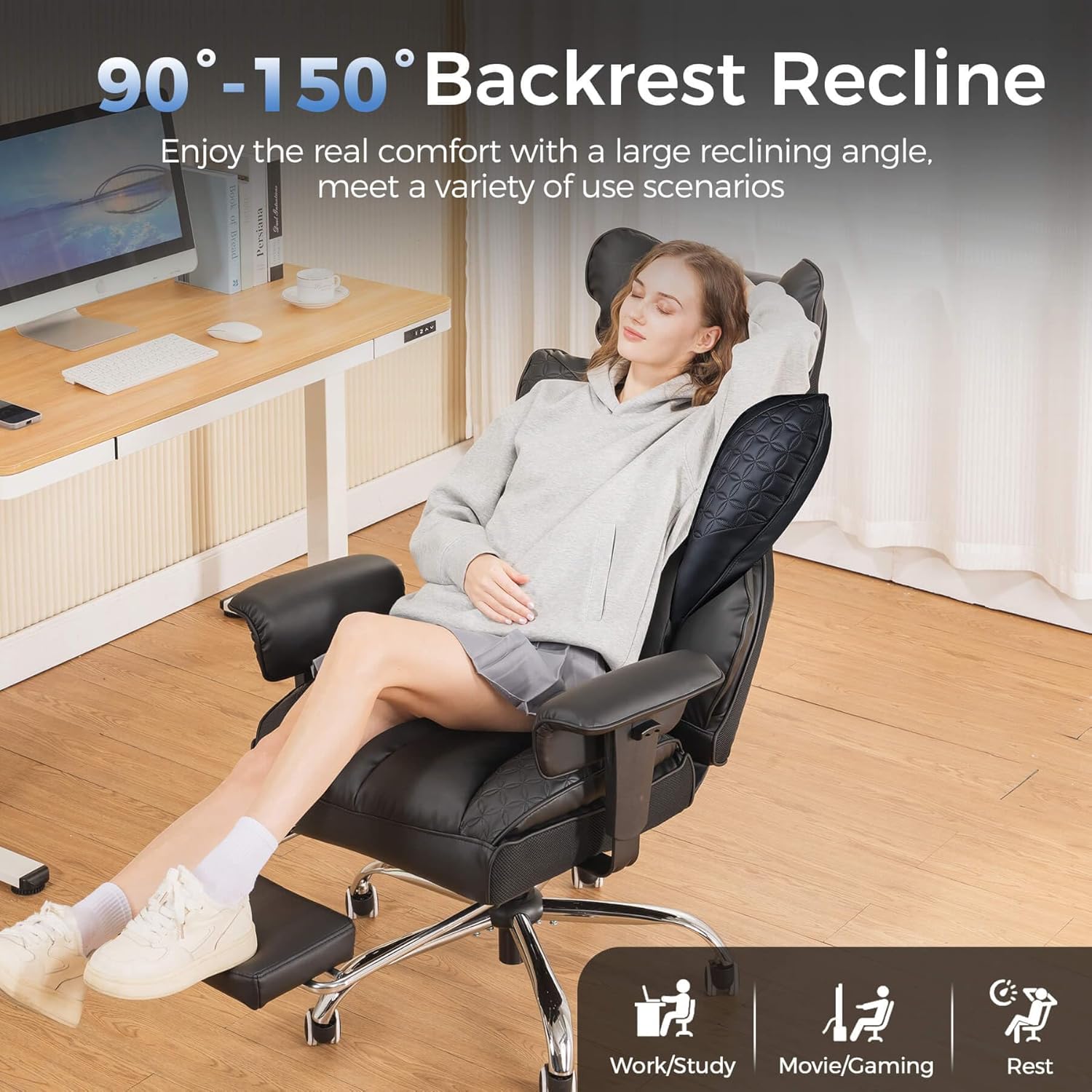 Person reclining in the GTRACING Gaming Chair with footrest extended