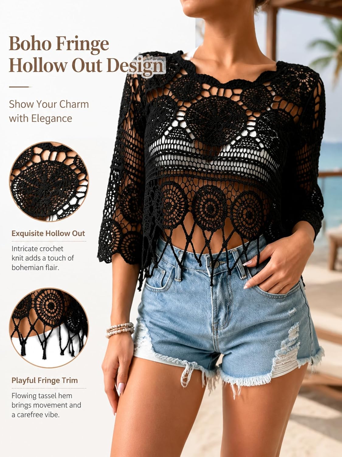 Women's Plain Fringe Trim Cut Out Sheer Cover Up-Boho Scallop Trim 3/4 Sleeve Beach Sarong for Vacation Poolside