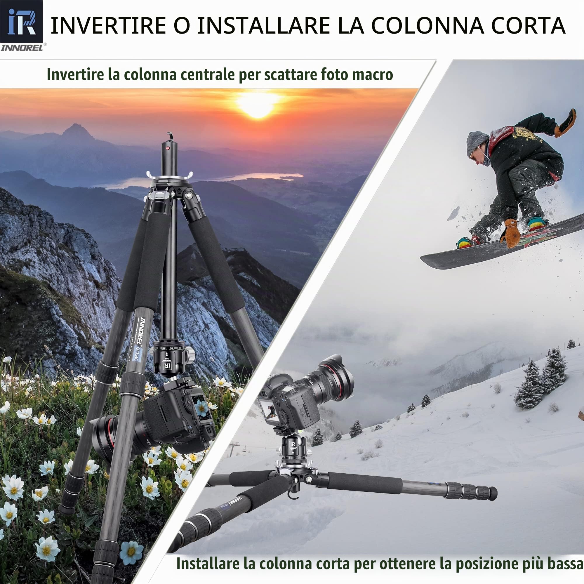Treppiede in fibra di carbonio-INNOREL GT324C Treppiede compatto professionale per fotocamera DSLR con testa a sfera centrale a bassa gravità e colonna centrale a forma speciale Carico massimo 25 kg