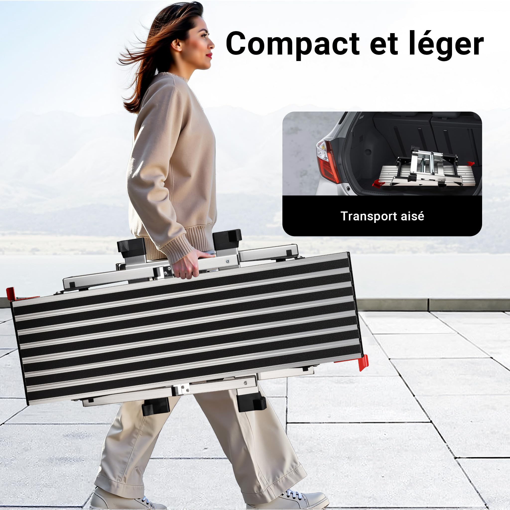 Wiltec Plateforme de Travail – 126 x 52 x 49 cm – Surface de marchepied 95 x 30 cm – Escabeau Pliable en Aluminium – Plate-Forme échelle antidérapante