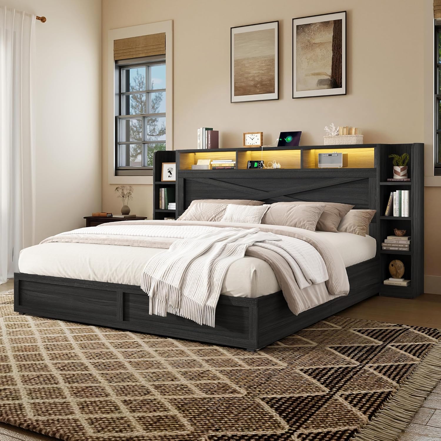 AMERLIFE 45'' Farmhouse King Bed Frame with 4 Drawers, LED Bed Frame with Bookcase Headboard & Side Shelves, Wood Platform Bed with Charging Station, Black