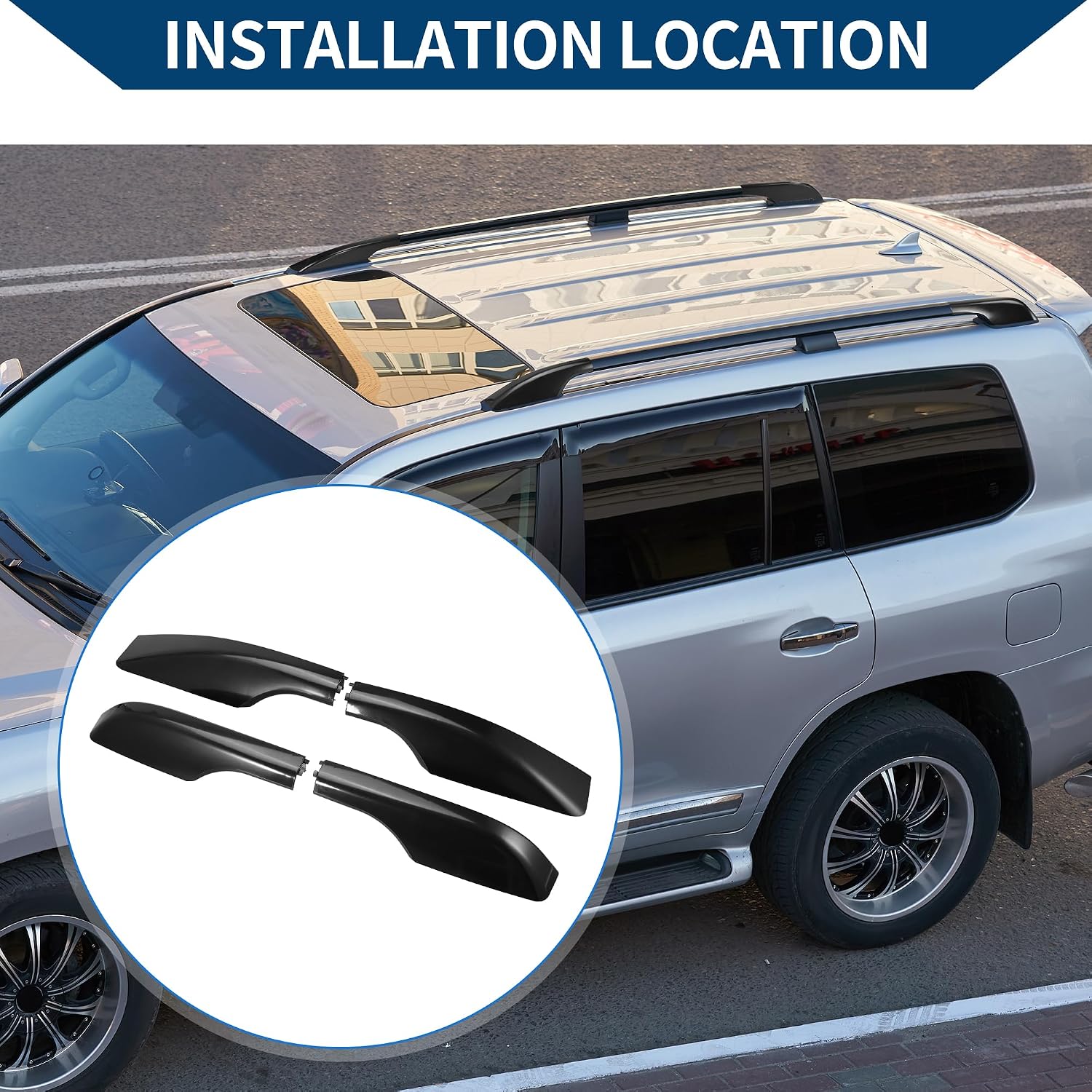 Car Roof Rack Side Rails End Cover Cap for Toyota Land Cruiser LC200 J200 2008-2021/ Outer/Durable Metal Plastic/ 4 Pcs Black image 2