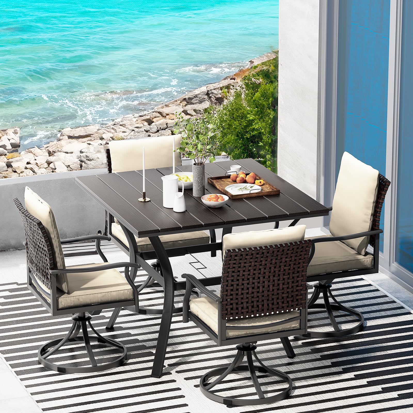 LEVELEVE 5 Piece Outdoor Patio Dining Set with 4 Swivel Dining Chairs & 1 Large Square Dining Table,Bistro Furniture Set for Lawn, Garden, Deck, Backyard and Porch