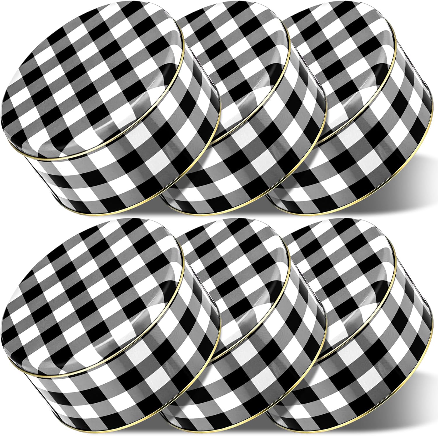 6 Pcs Christmas Cookie Tins with Lids 7 Inch Black and White Buffalo Plaid Round Metal Cake Tins Empty Decorative Tin Containers for Xmas Gifts Baking Holiday Chocolate Snack Storage