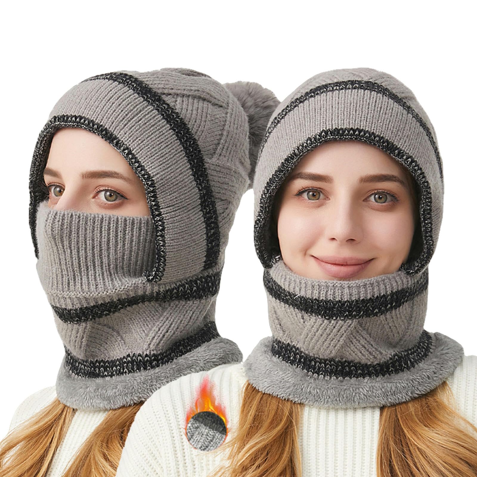 Sombrero Invierno Mujer Mujeres Sombreros De Gorro De Invierno 2 En 1 Vellón Juego De Máscara De Sombrero De Calentador De Cuello Grueso-Caqui