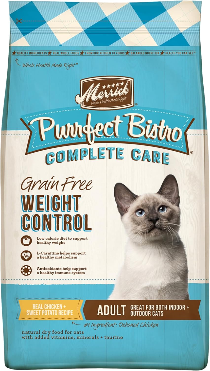 Merrick Purrfect Bistro Grain Free Natural Dry Cat Food For Adult Cats, Complete Care Weight Control Recipe - 4 lb. Bag