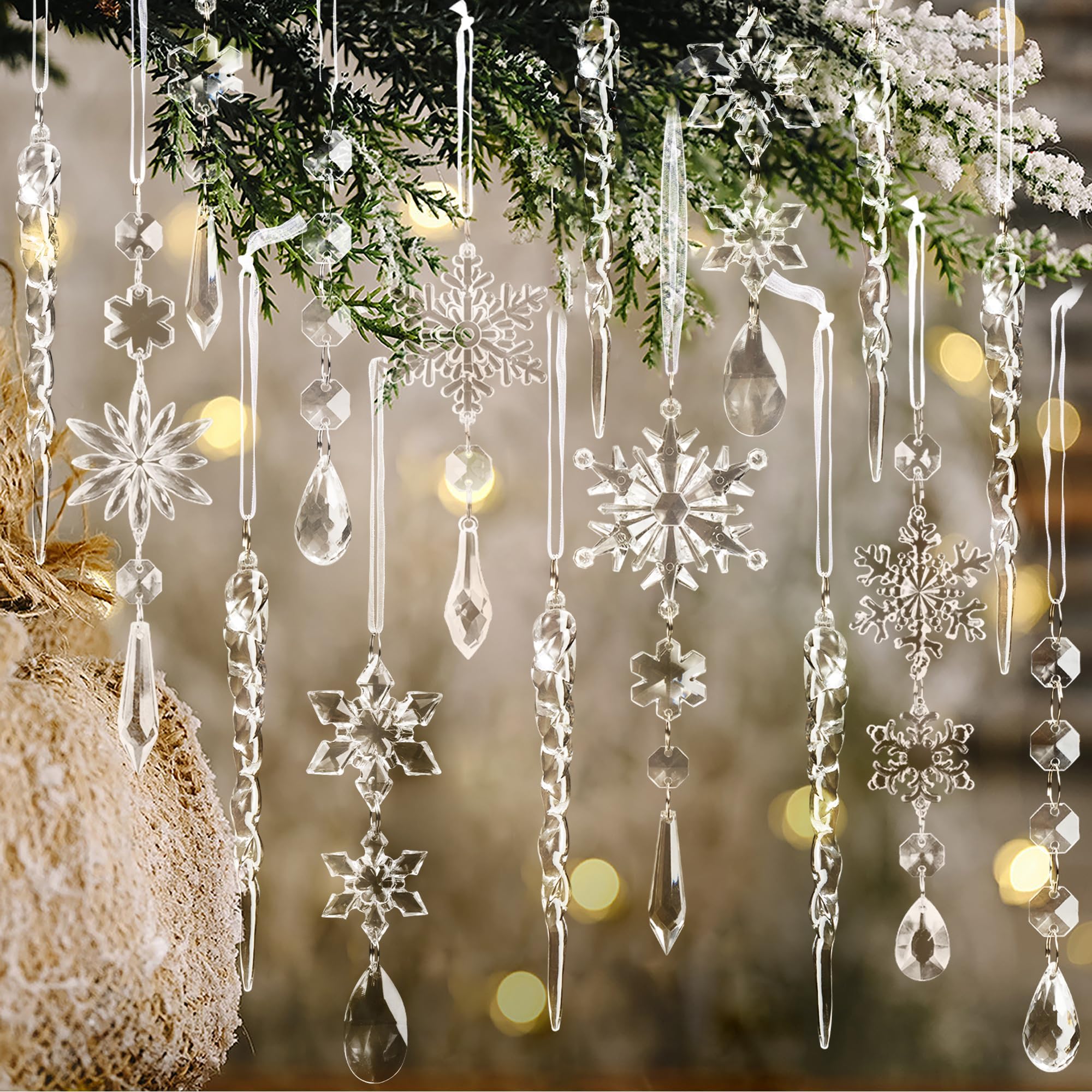 18pcs Crystal Ornaments - Acrylic Christmas Snowflake Icicle Drop for Tree, Winter, New Year Party Supplies