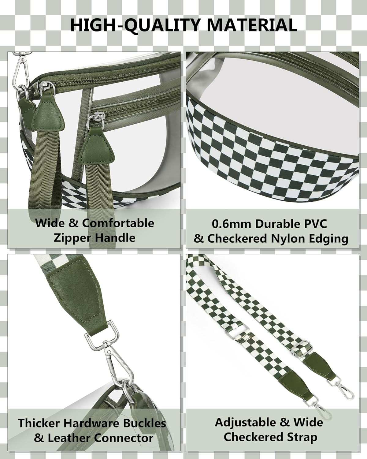 Clear Checkered Crossbody Bags for Stadium Events, Clear Purse Bum Bag for Women Concert Sport with RFID Coin Purse