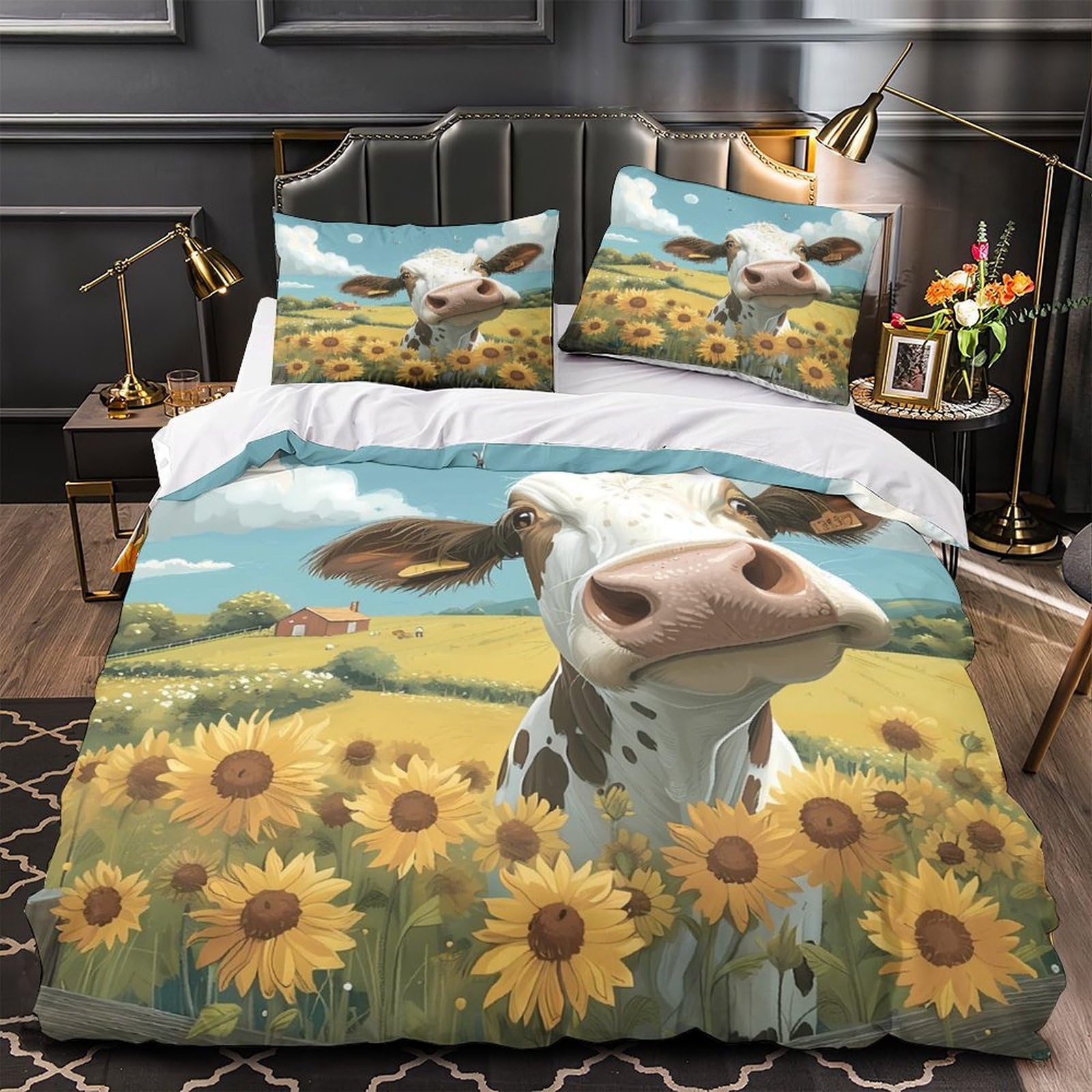 Parure de lit vache dans le champ pour une chambre nature et relaxante