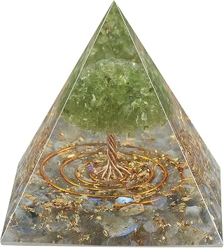Peridot Crystal Stones Tree of Life Orgone Pyramid Positive Energy Protection Generator for Healing Chakra Resin Vastu Home Decor, Labradorite