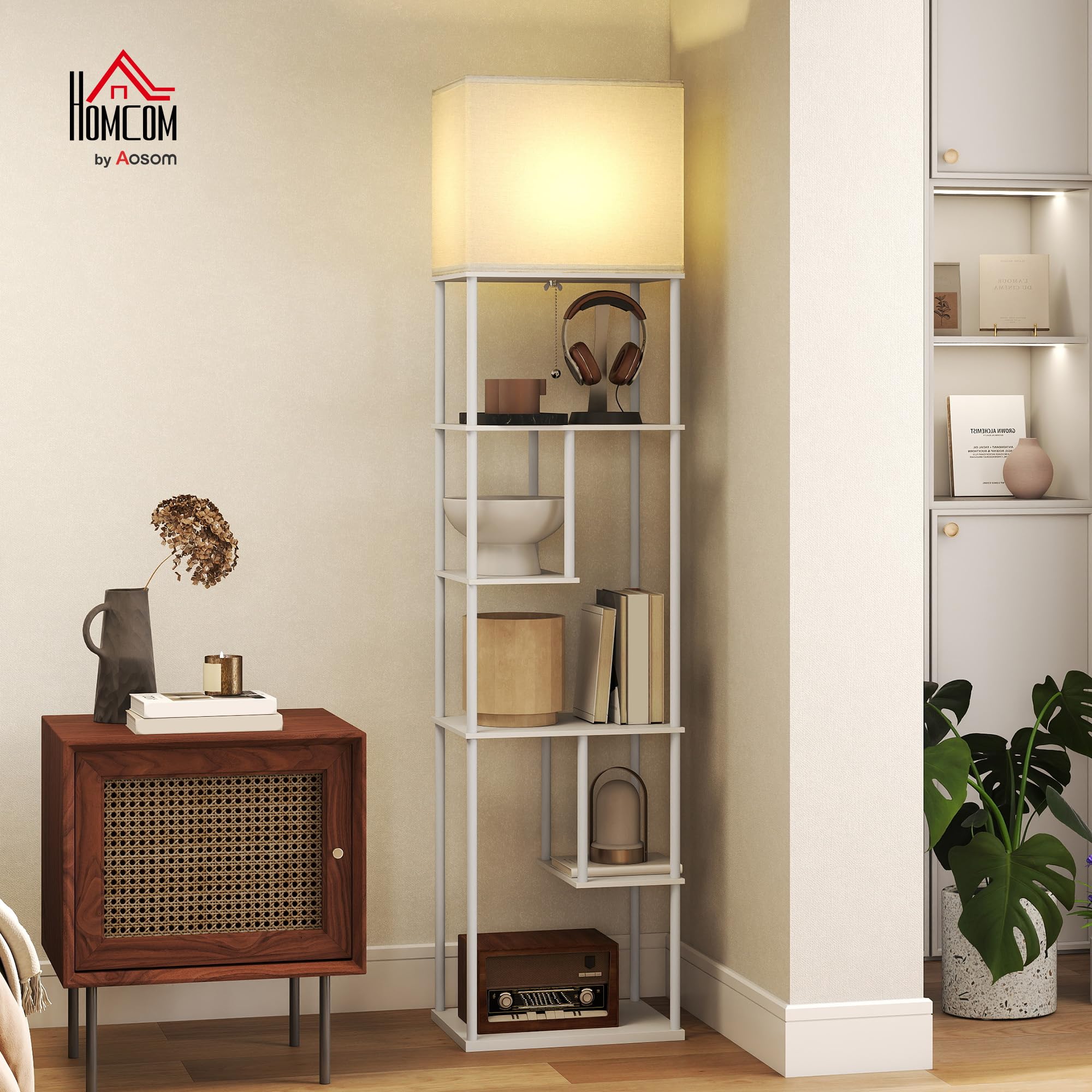 HOMCOM Stehlampe Stehleuchte mit Regalen, einstellbare Helligkeit & Farbtemperatur 3000K-6500K, Fernbedienung, E27-Birne, Timer, für Schlafzimmer, Büro, Wohnzimmer, Weiß