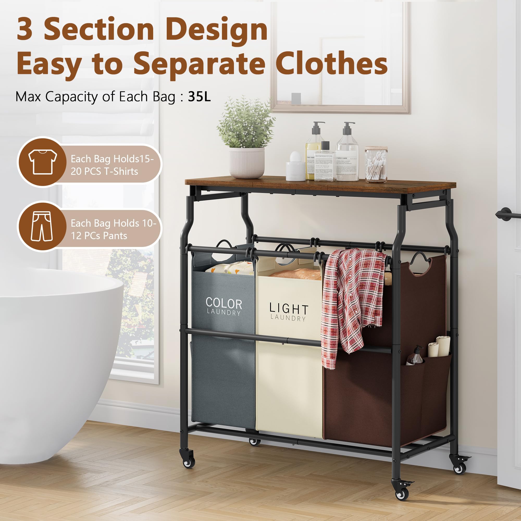 Hoctieon Clasificador de ropa sucia de 3 secciones con tabla de conexión, cesta con ruedas | Con tabla de planchar, cesta con estante y ruedas, organizador de ropa resistente, separador de ropa grande