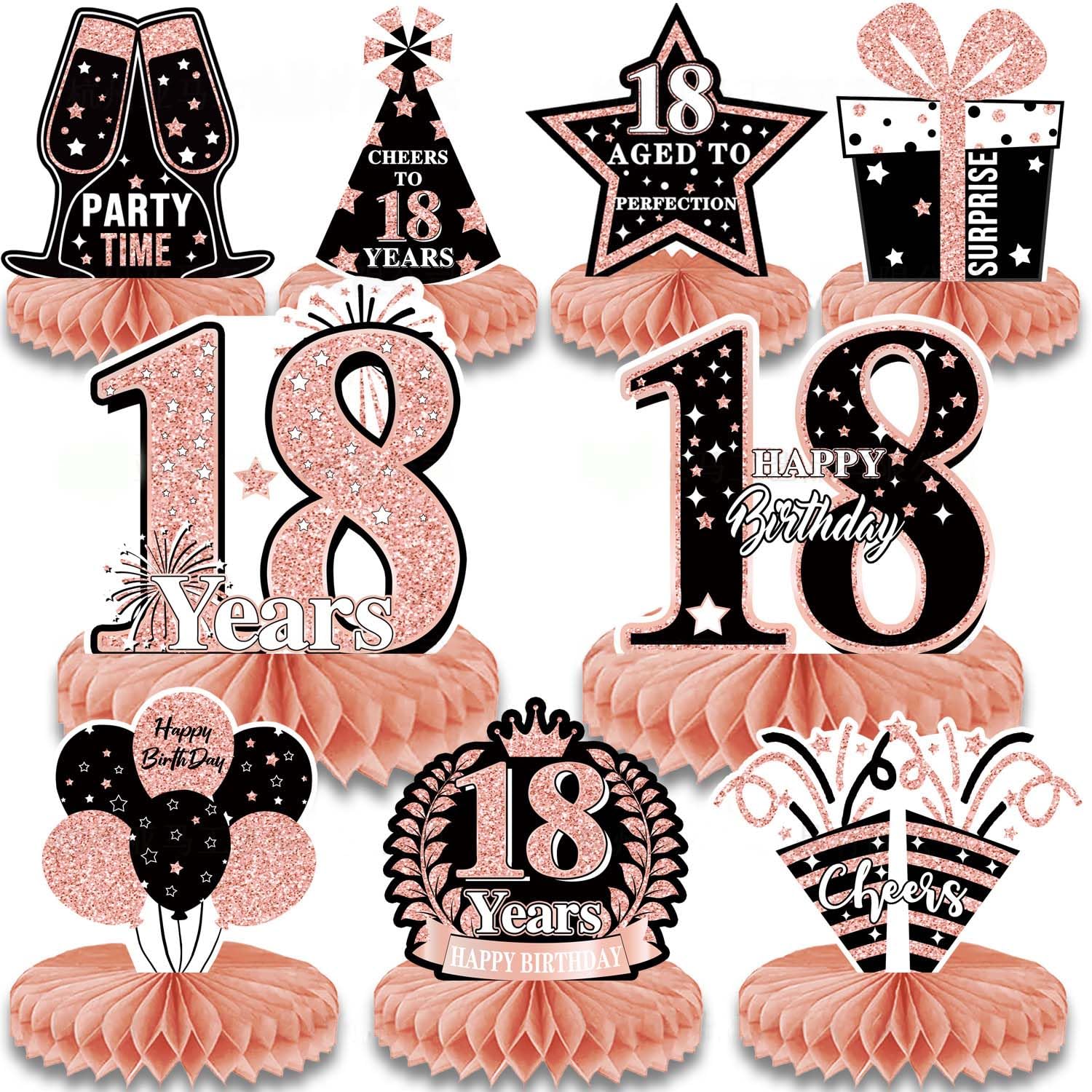 Shalve 18th Birthday Party Decorations 9 Piece Rose Gold Birthday Centerpieces for Tables Party Table Decorations with Honeycomb and Photo Props
